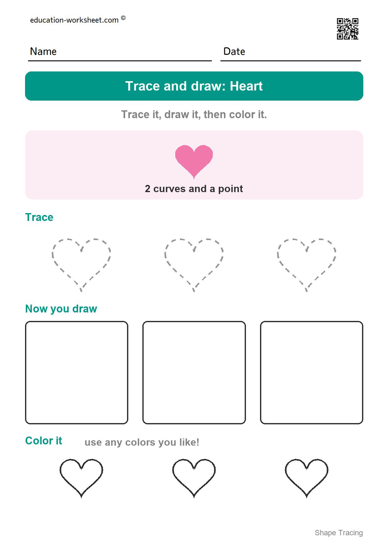 Trace and draw: Heart - Free Shape Tracing Worksheets for Preschool and Kindergarten