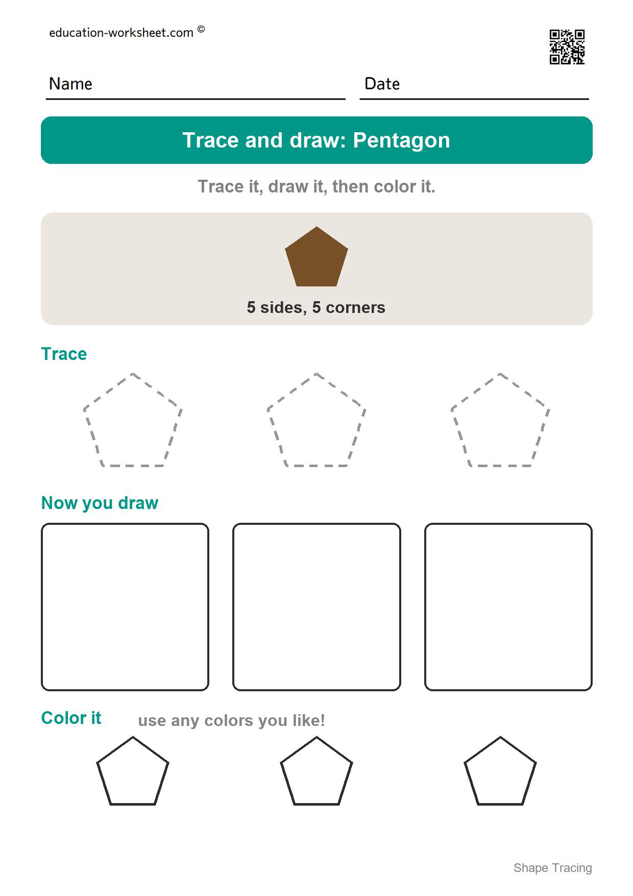 Trace and draw: Pentagon - Free Shape Tracing Worksheets for Preschool and Kindergarten