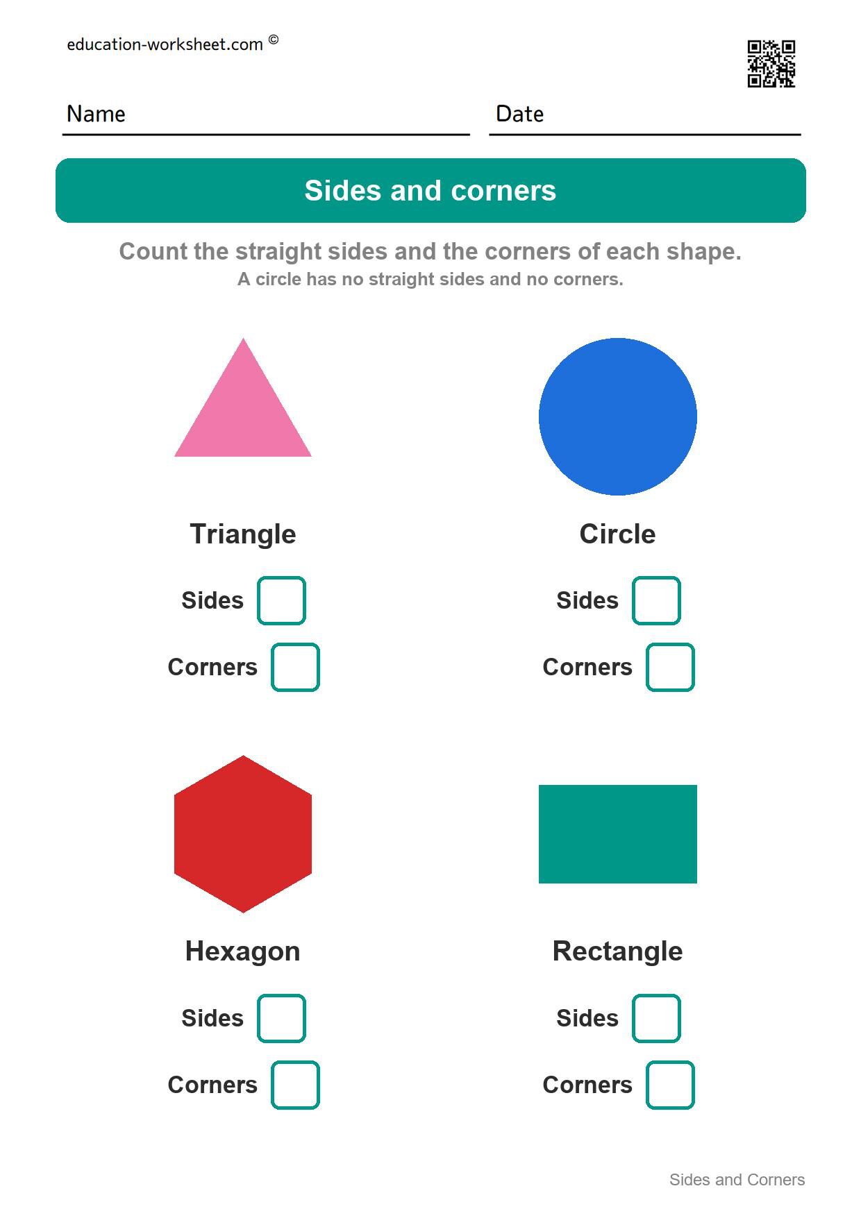 Count sides and corners (Set 2) - Free 2D Shapes Worksheets for Kindergarten - Count Sides and Corners