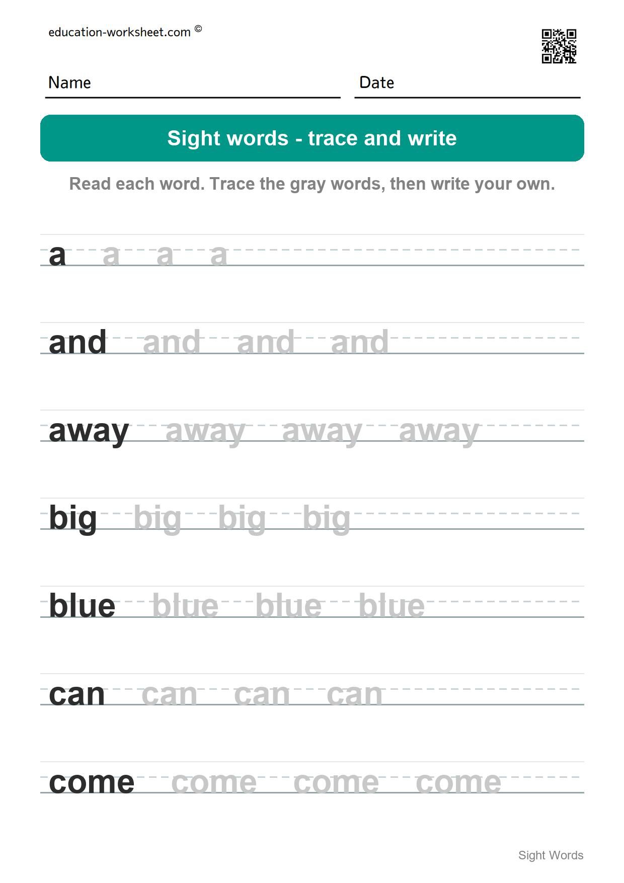 Trace and write sight words (Set 1) - Free Sight Words Worksheets for Kindergarten - Trace and Write