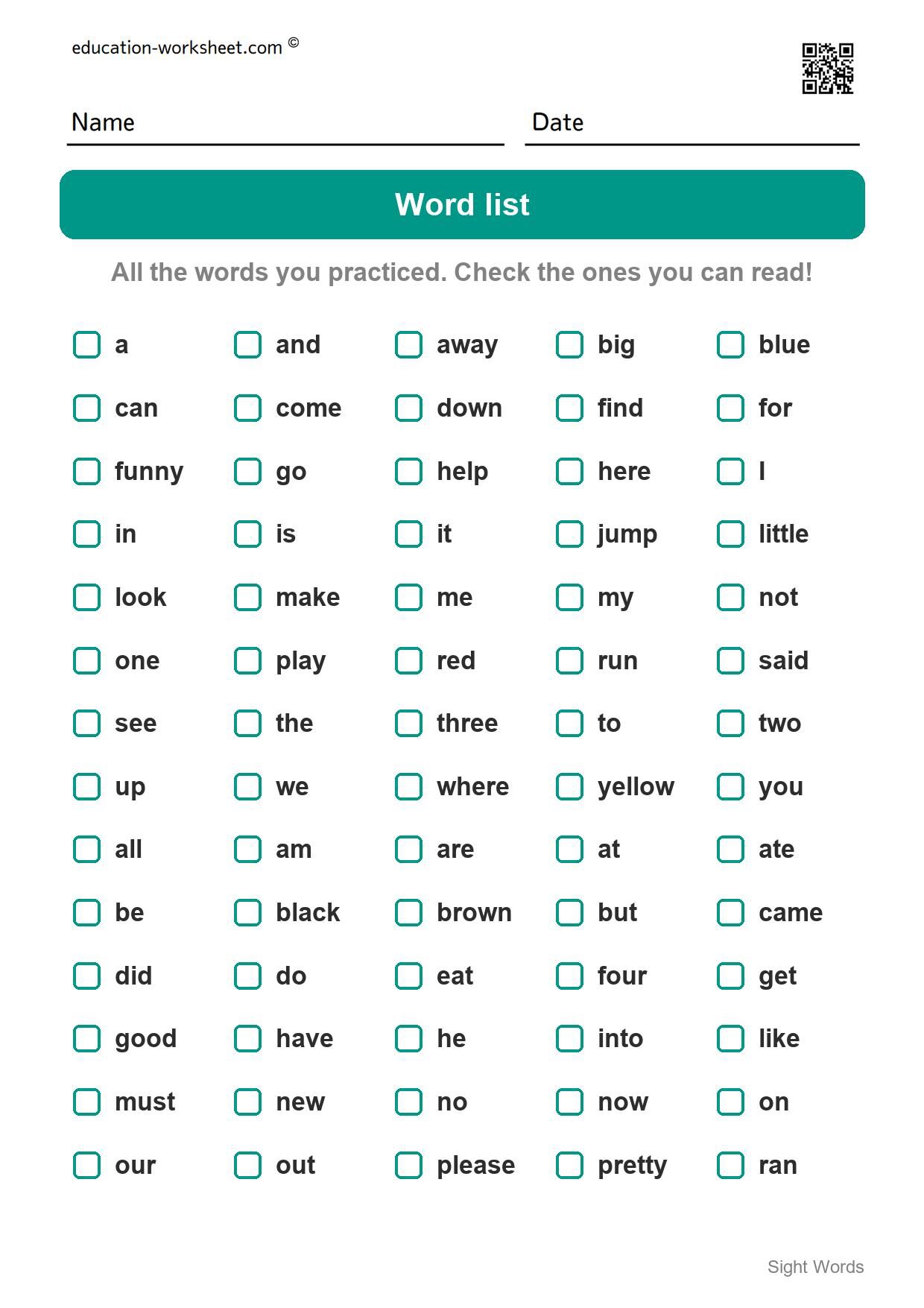 Word list - all 70 sight words - Free Sight Words Worksheets for Kindergarten - Trace and Write
