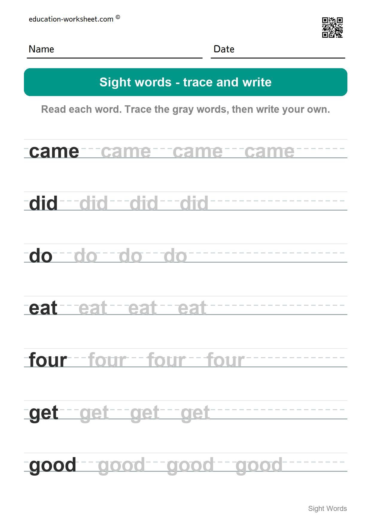 Trace and write sight words (Set 8) - Free Sight Words Worksheets for Kindergarten - Trace and Write