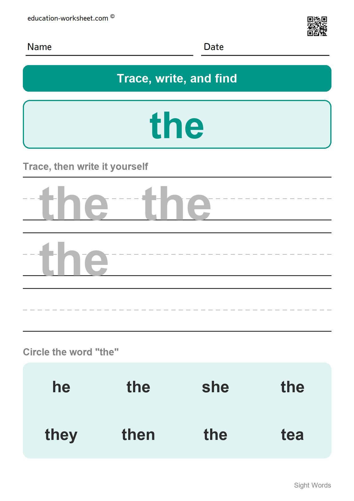 Sight word "the" - Free Sight Words Worksheets for Kindergarten - Trace, Write and Find