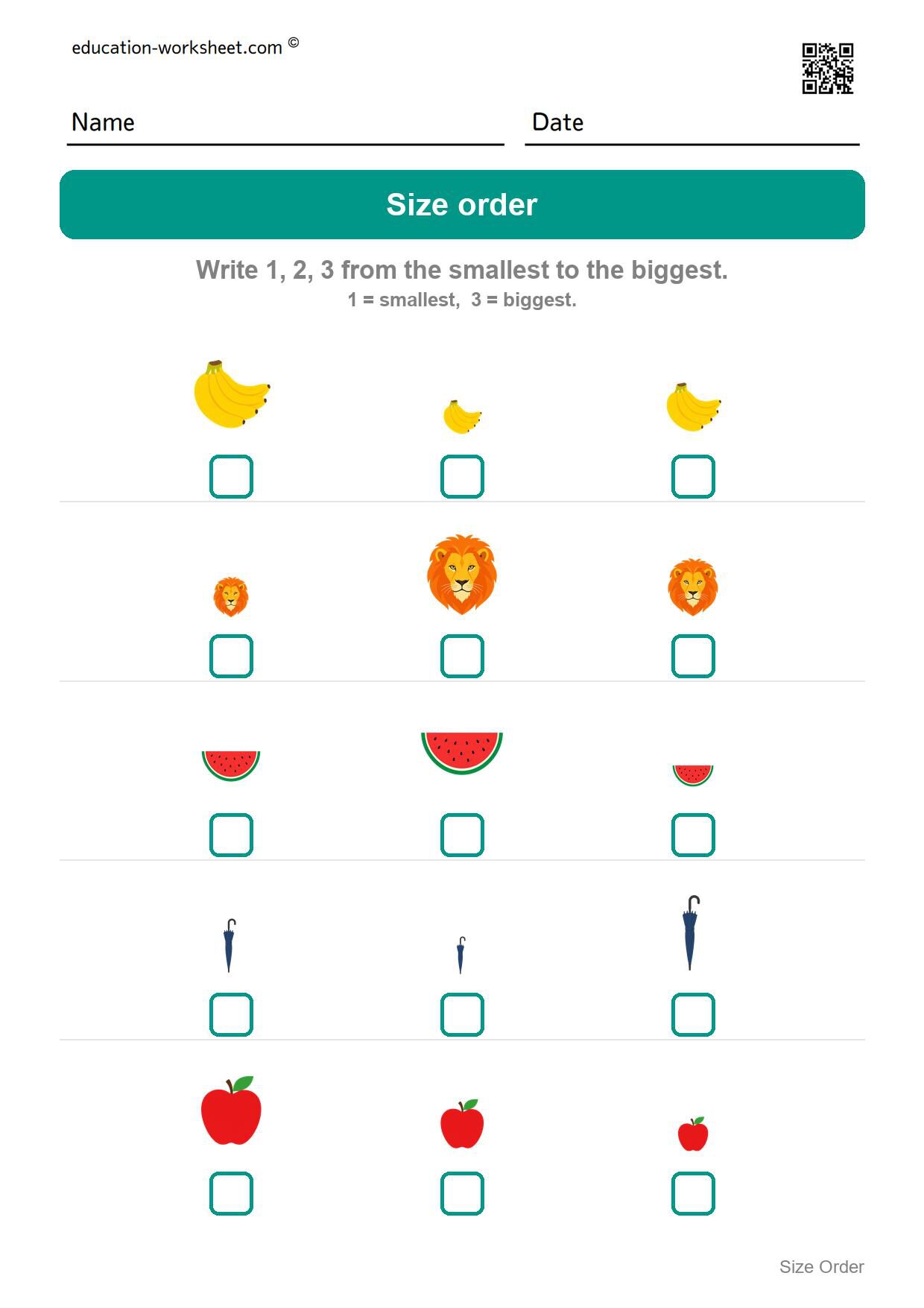 Order by size 1 to 3 (Set 1) - Free Size Ordering Worksheets for Kindergarten - Smallest to Biggest