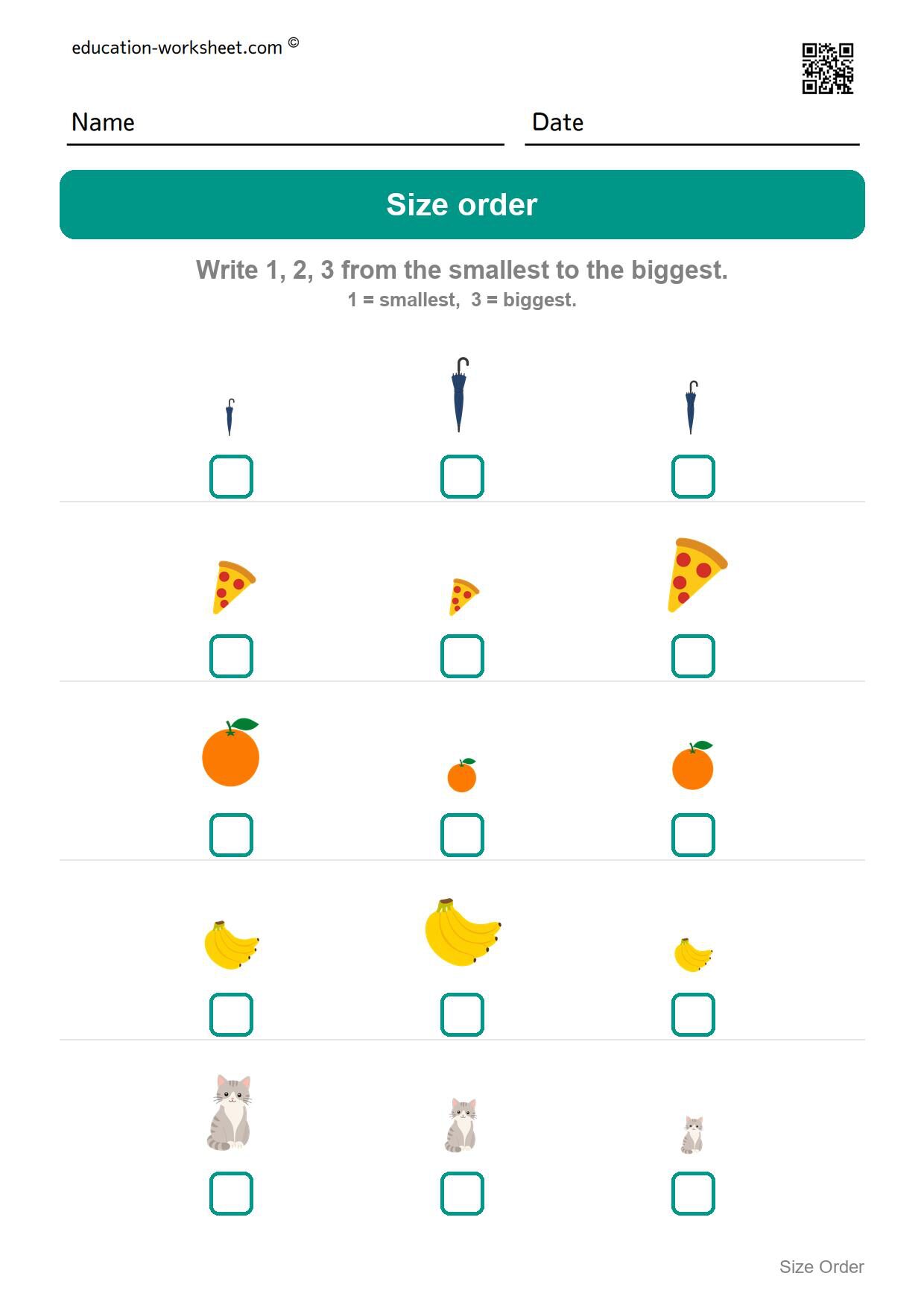 Order by size 1 to 3 (Set 10) - Free Size Ordering Worksheets for Kindergarten - Smallest to Biggest