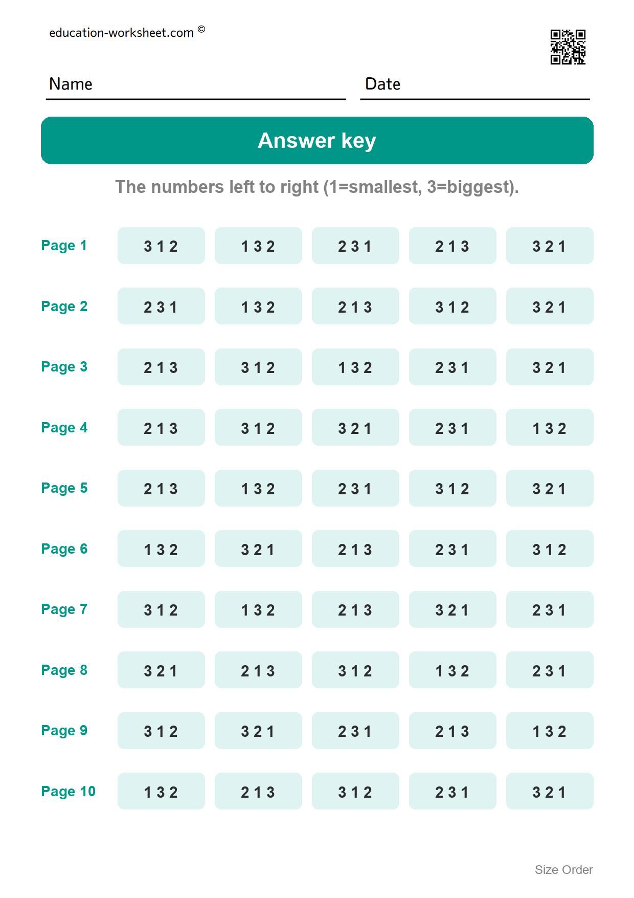 Answer key - all 10 pages - Free Size Ordering Worksheets for Kindergarten - Smallest to Biggest