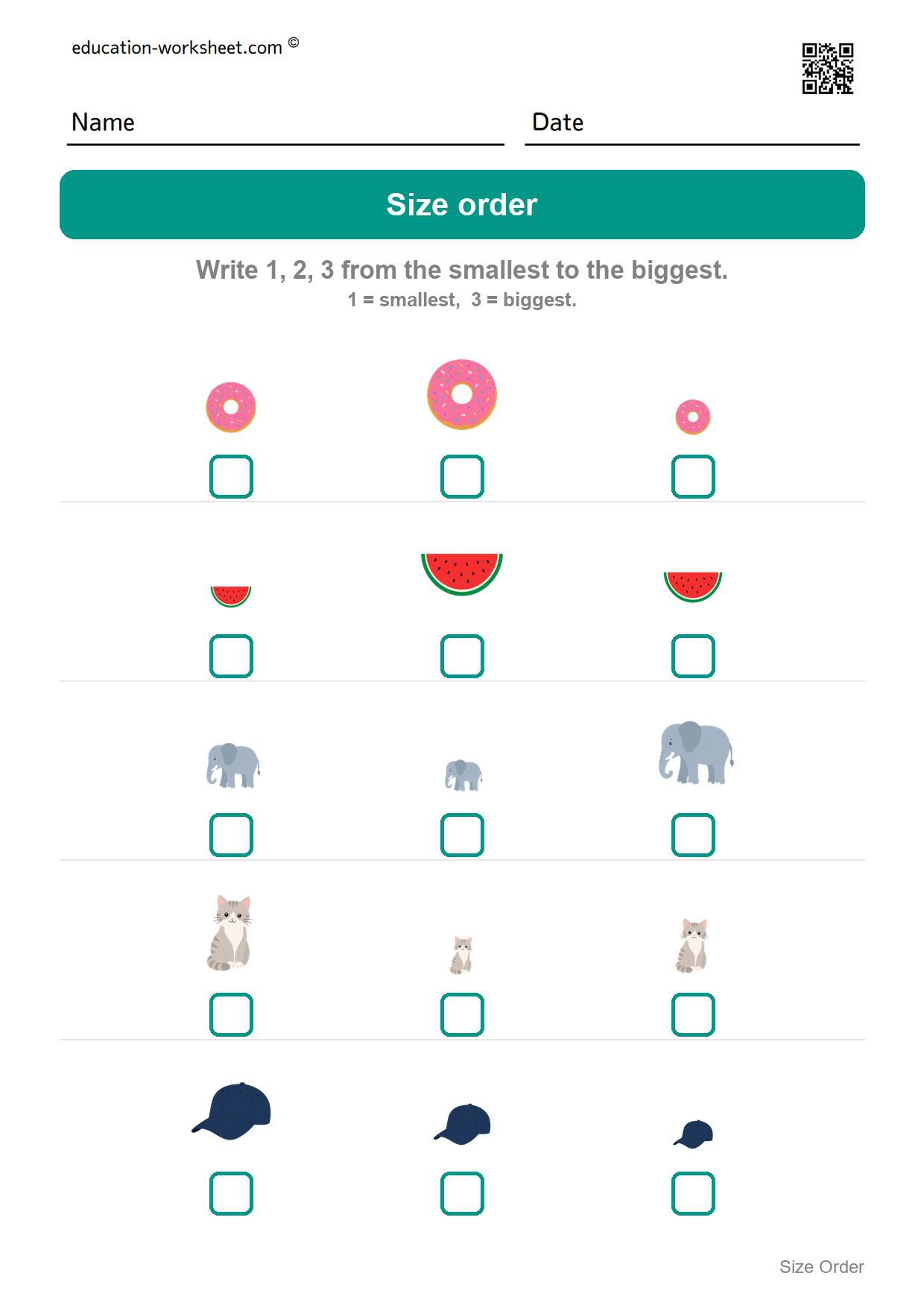 Order by size 1 to 3 (Set 2) - Free Size Ordering Worksheets for Kindergarten - Smallest to Biggest