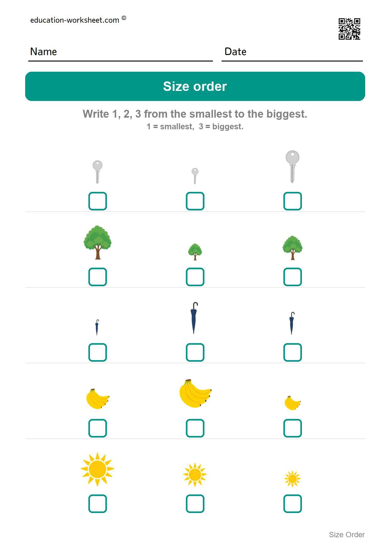 Order by size 1 to 3 (Set 3) - Free Size Ordering Worksheets for Kindergarten - Smallest to Biggest