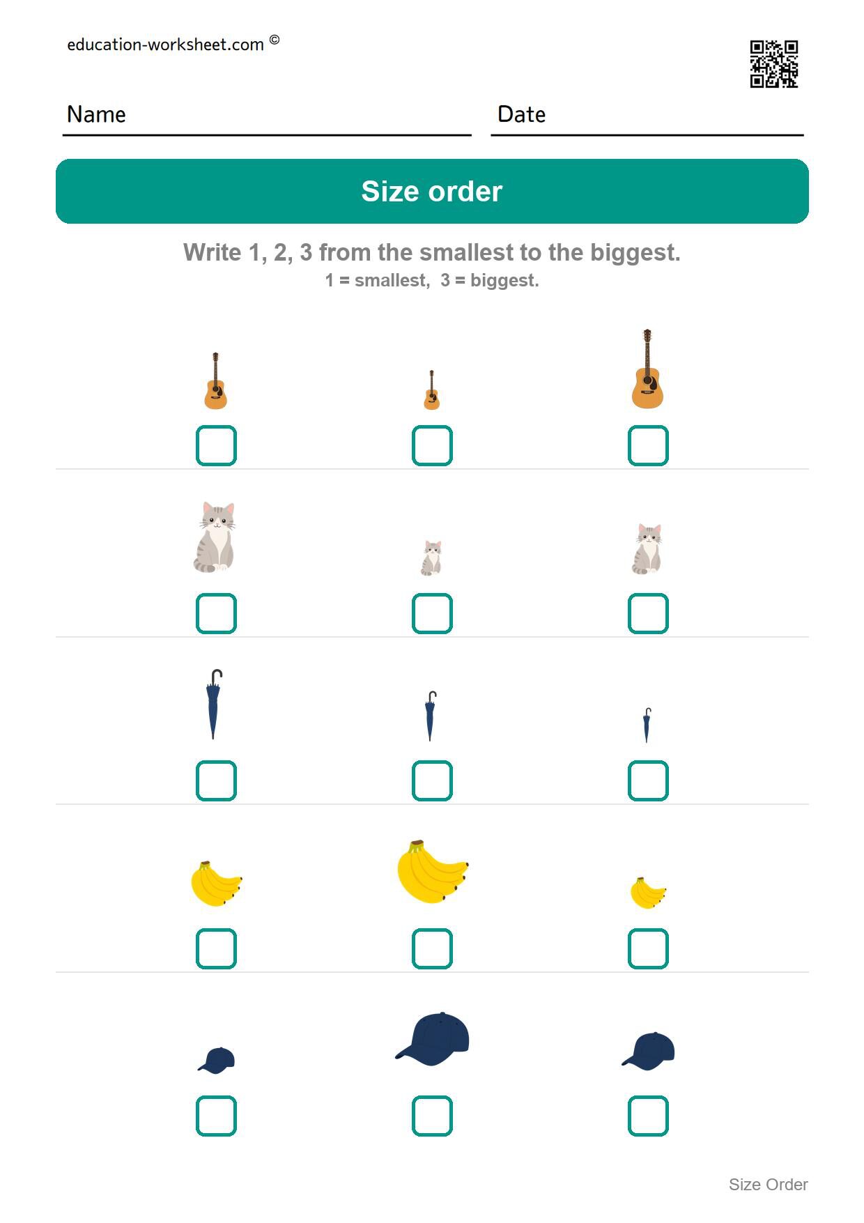 Order by size 1 to 3 (Set 4) - Free Size Ordering Worksheets for Kindergarten - Smallest to Biggest