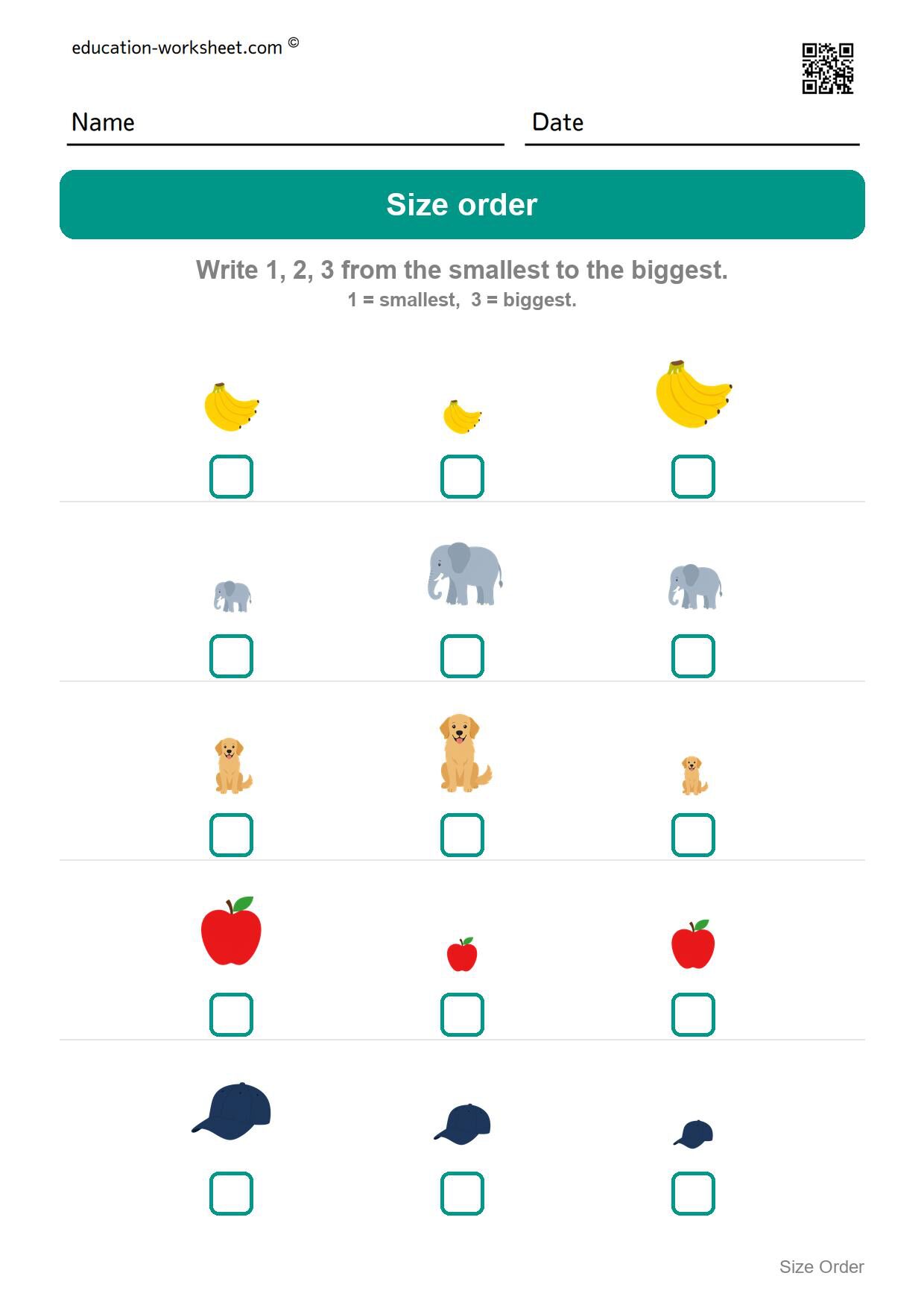 Order by size 1 to 3 (Set 5) - Free Size Ordering Worksheets for Kindergarten - Smallest to Biggest