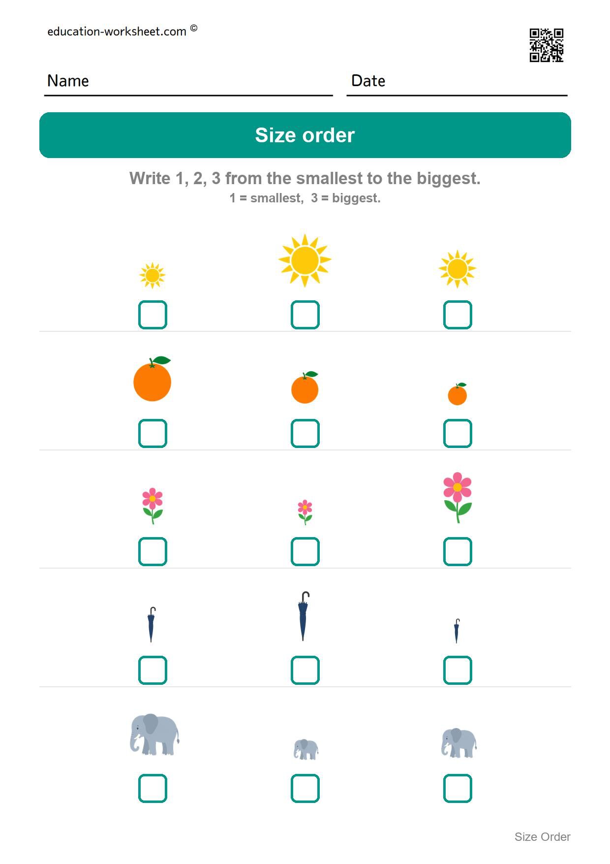 Order by size 1 to 3 (Set 6) - Free Size Ordering Worksheets for Kindergarten - Smallest to Biggest
