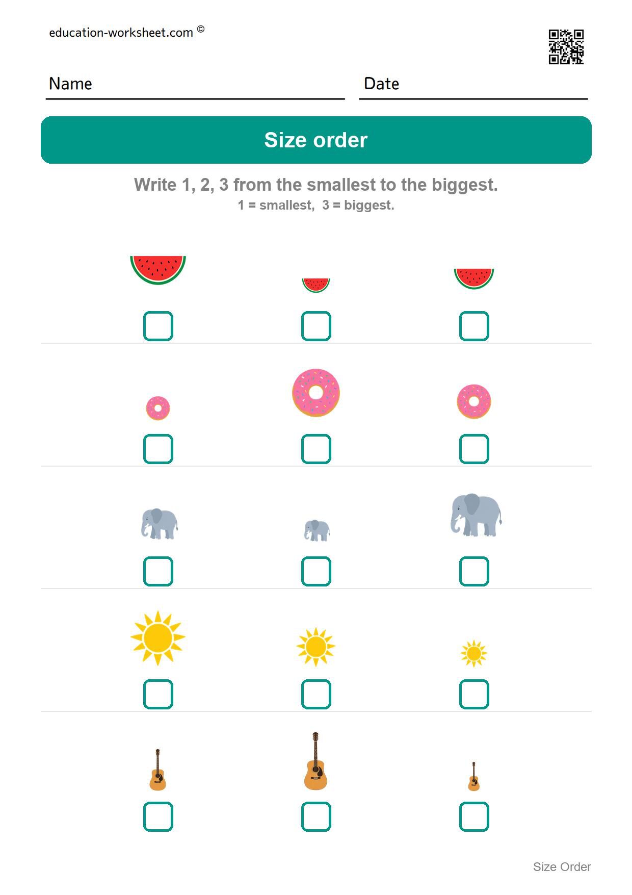 Order by size 1 to 3 (Set 7) - Free Size Ordering Worksheets for Kindergarten - Smallest to Biggest