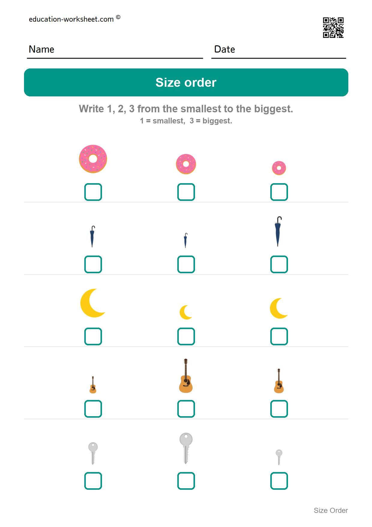Order by size 1 to 3 (Set 8) - Free Size Ordering Worksheets for Kindergarten - Smallest to Biggest
