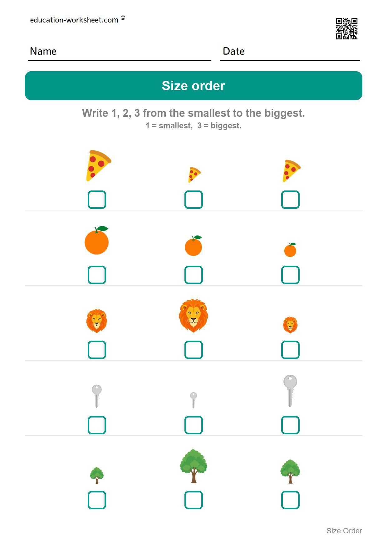 Order by size 1 to 3 (Set 9) - Free Size Ordering Worksheets for Kindergarten - Smallest to Biggest
