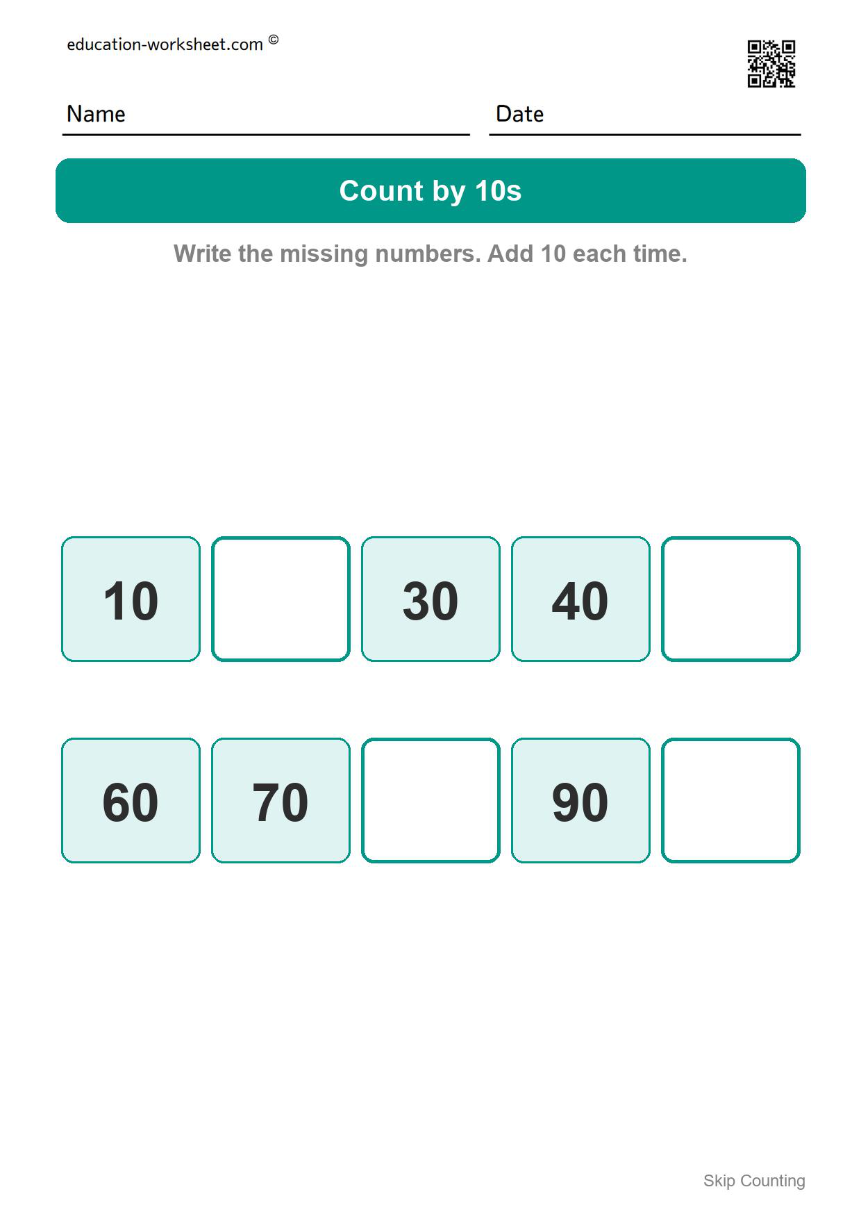 Count by 10s (Set 1) - Free Skip Counting Worksheets for Kindergarten - Count by 2s, 5s and 10s