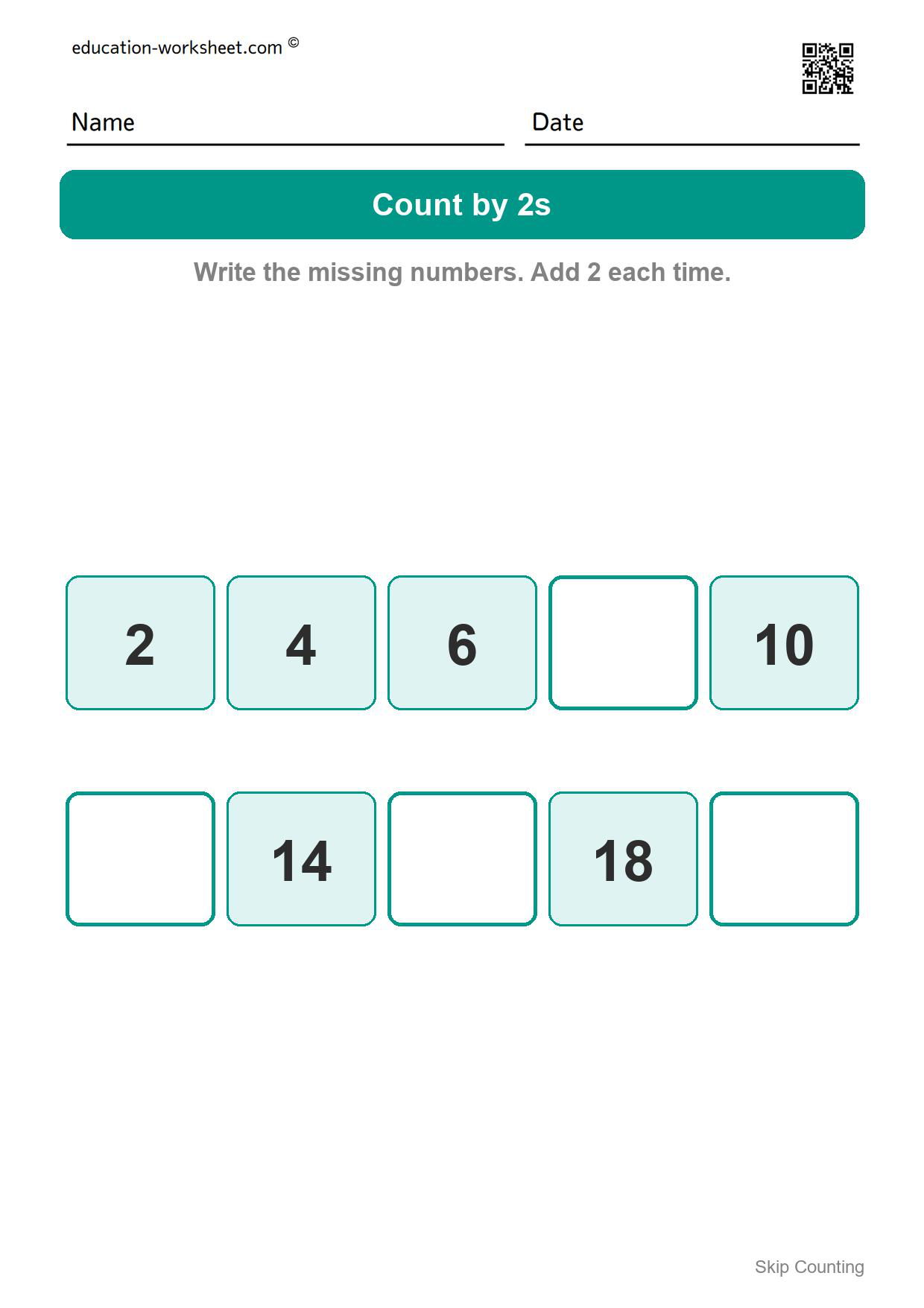 Count by 2s (Set 10) - Free Skip Counting Worksheets for Kindergarten - Count by 2s, 5s and 10s