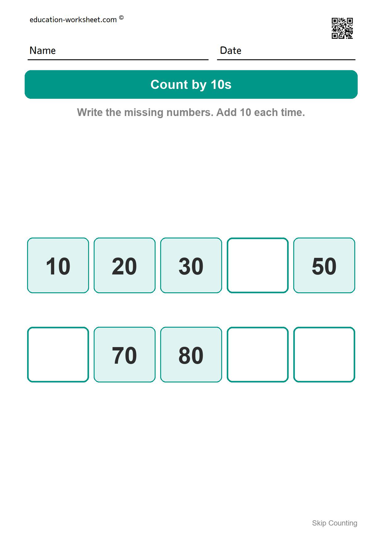 Count by 10s (Set 3) - Free Skip Counting Worksheets for Kindergarten - Count by 2s, 5s and 10s