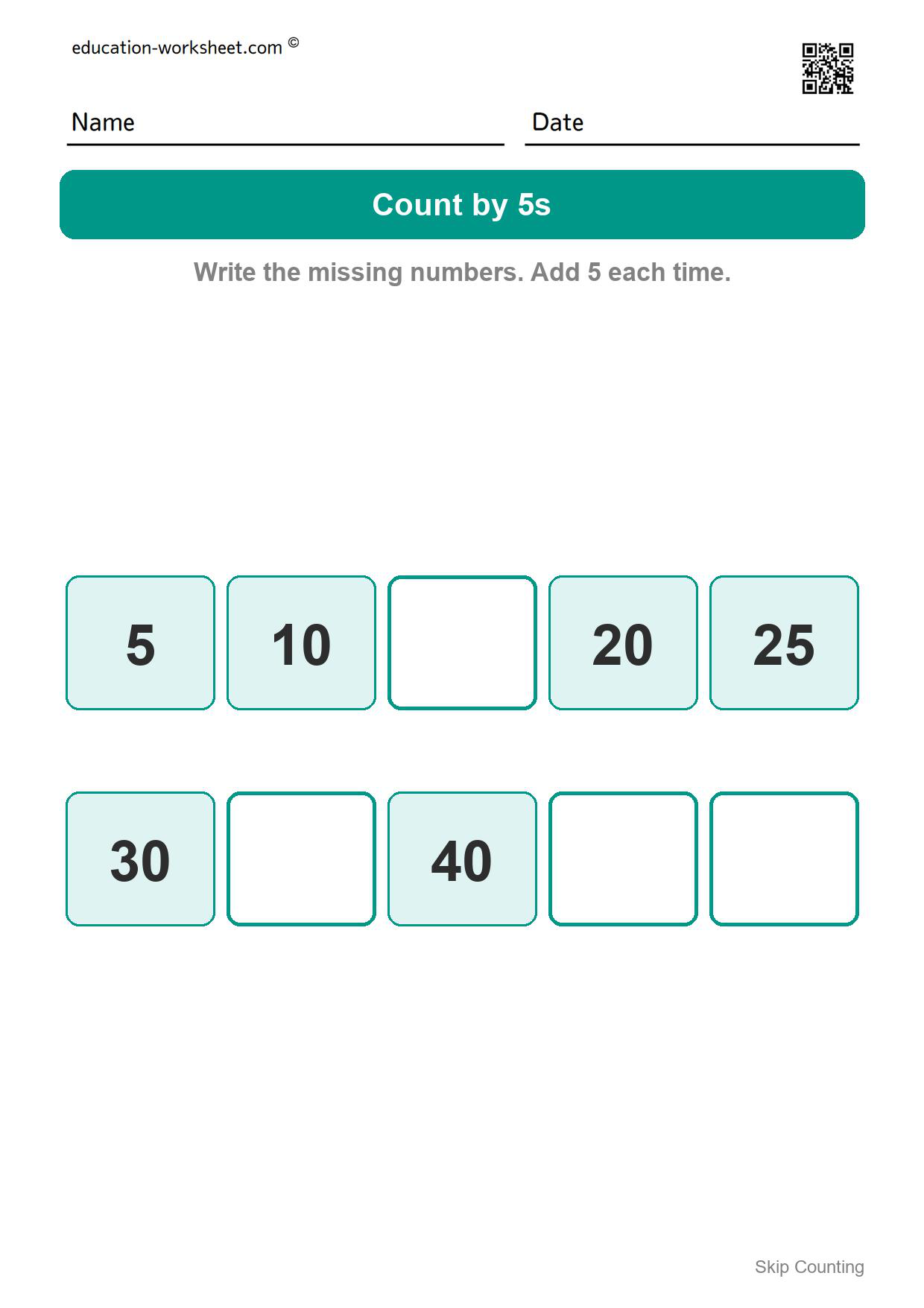 Count by 5s (Set 4) - Free Skip Counting Worksheets for Kindergarten - Count by 2s, 5s and 10s