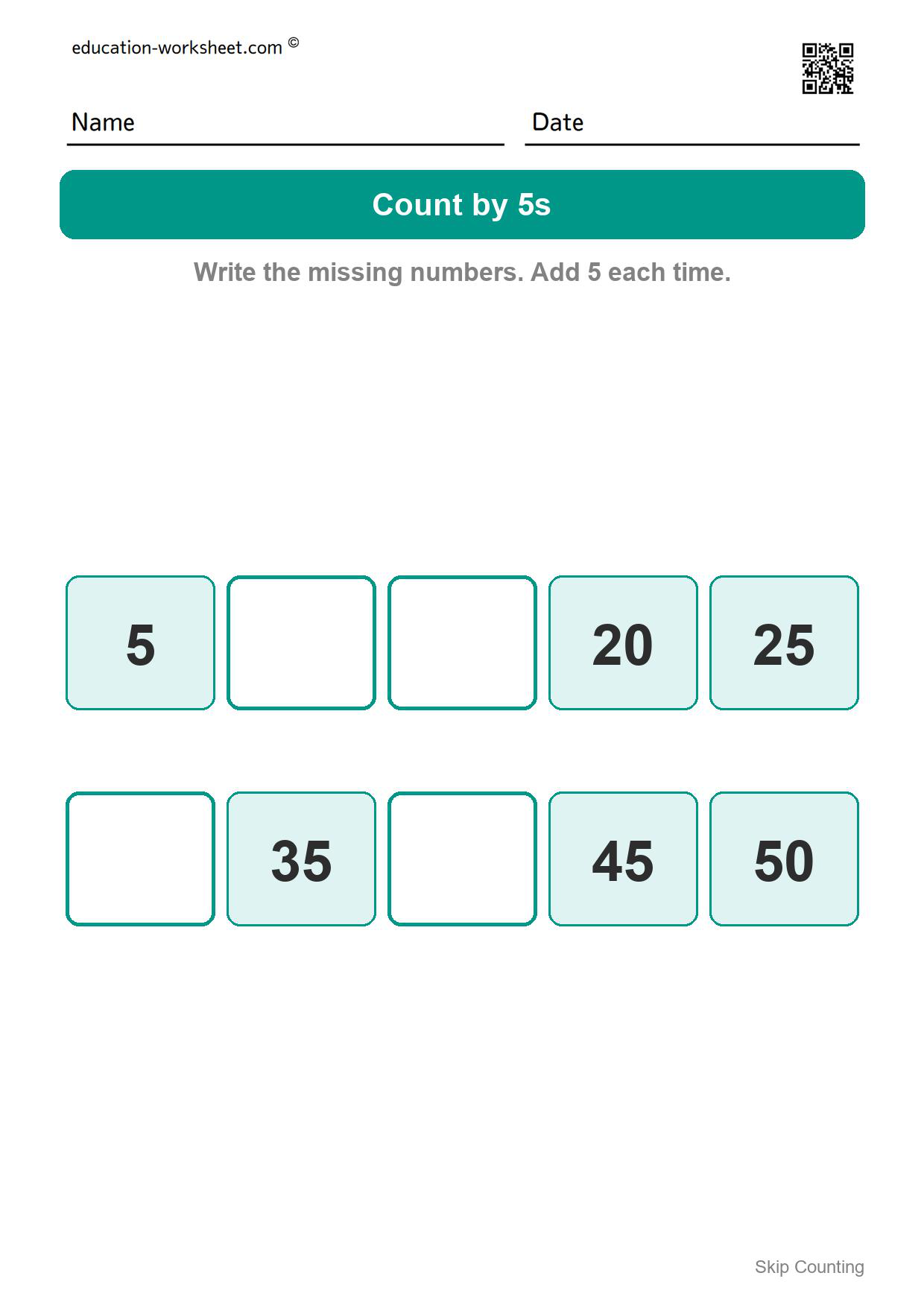 Count by 5s (Set 5) - Free Skip Counting Worksheets for Kindergarten - Count by 2s, 5s and 10s