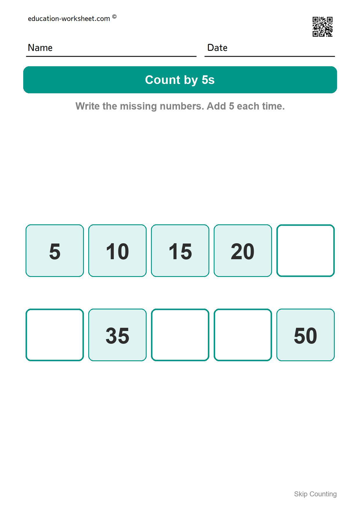 Count by 5s (Set 6) - Free Skip Counting Worksheets for Kindergarten - Count by 2s, 5s and 10s