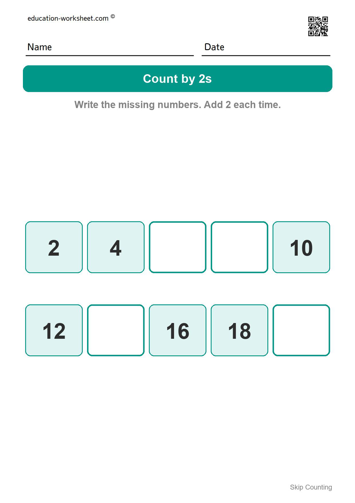 Count by 2s (Set 7) - Free Skip Counting Worksheets for Kindergarten - Count by 2s, 5s and 10s