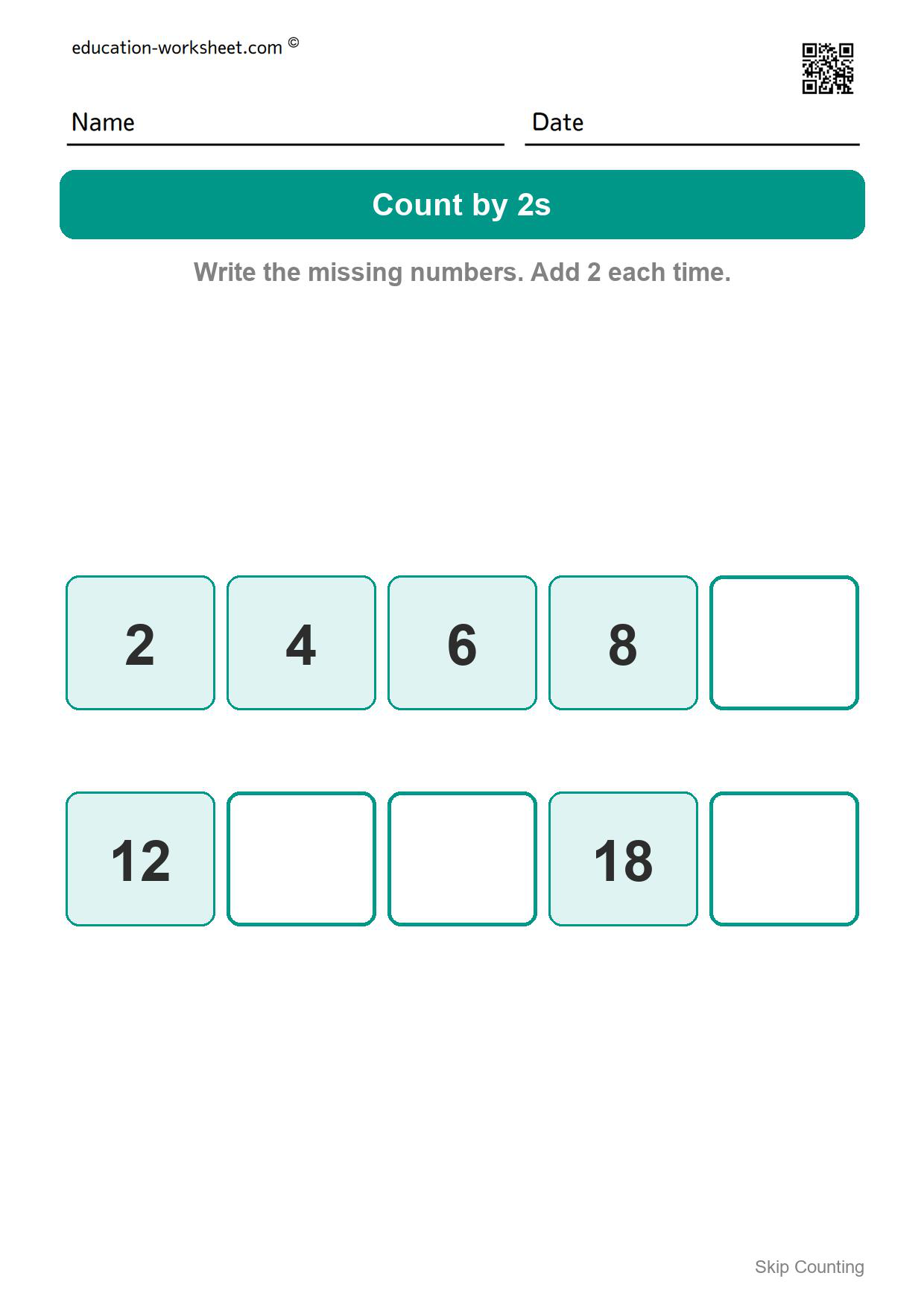 Count by 2s (Set 8) - Free Skip Counting Worksheets for Kindergarten - Count by 2s, 5s and 10s