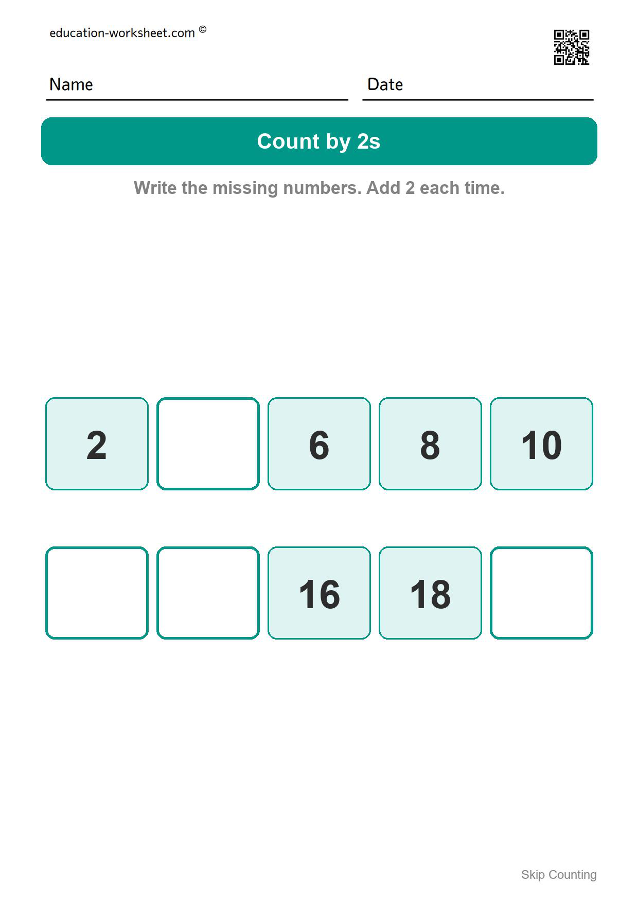Count by 2s (Set 9) - Free Skip Counting Worksheets for Kindergarten - Count by 2s, 5s and 10s