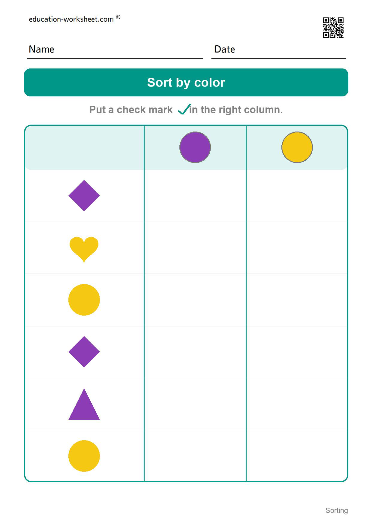 Sort by color (Set 1) - Free Sorting Worksheets for Kindergarten - Sort by Color and Shape