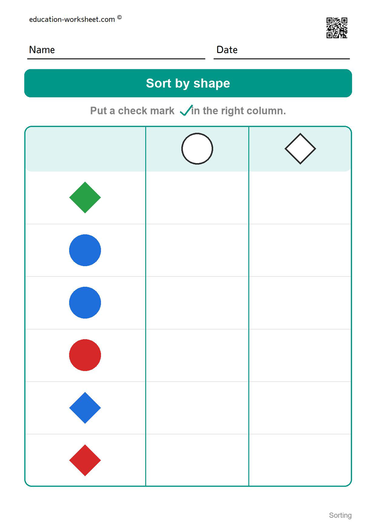 Sort by shape (Set 10) - Free Sorting Worksheets for Kindergarten - Sort by Color and Shape