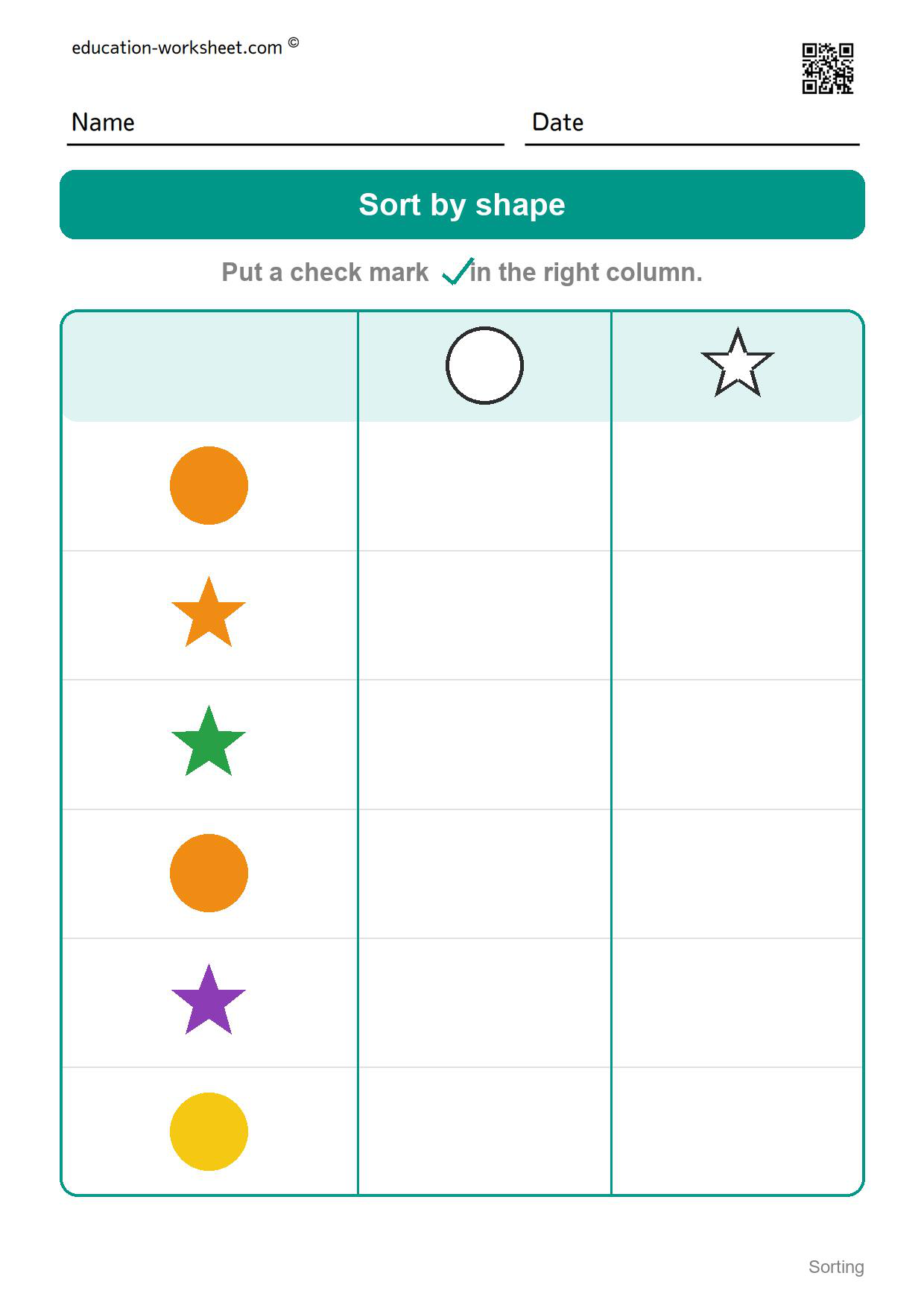 Sort by shape (Set 2) - Free Sorting Worksheets for Kindergarten - Sort by Color and Shape