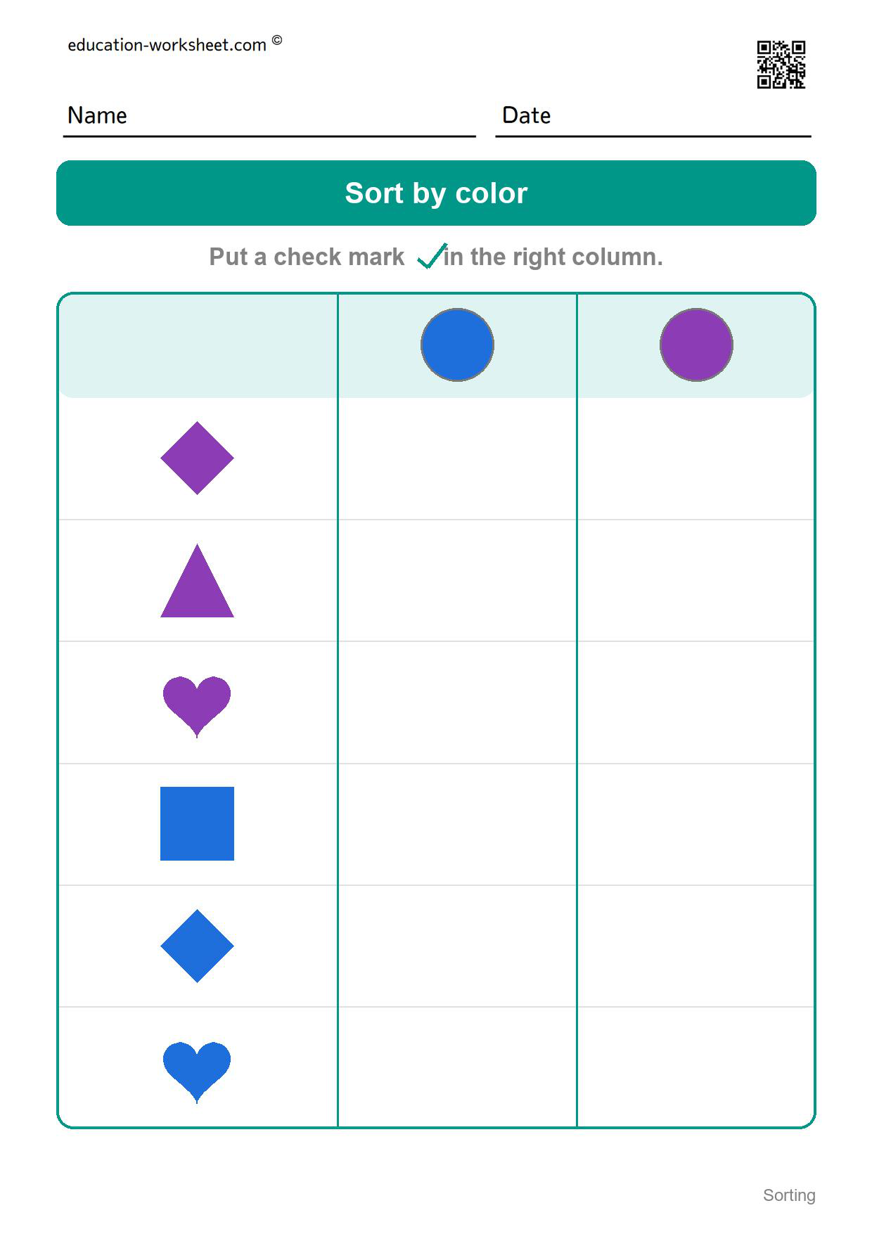 Sort by color (Set 3) - Free Sorting Worksheets for Kindergarten - Sort by Color and Shape