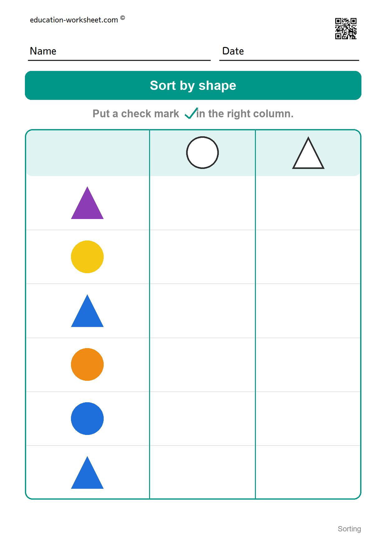 Sort by shape (Set 4) - Free Sorting Worksheets for Kindergarten - Sort by Color and Shape