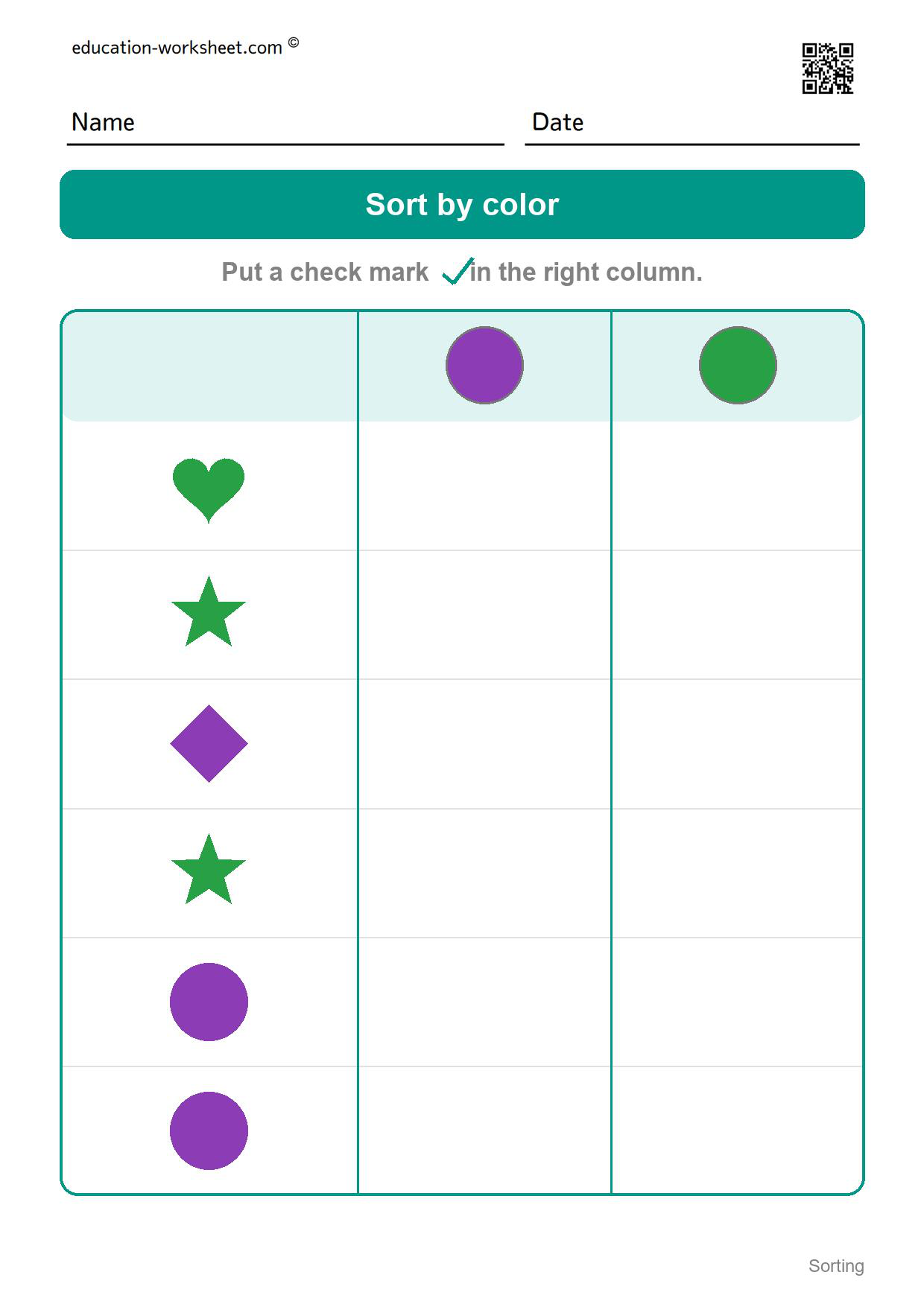 Sort by color (Set 5) - Free Sorting Worksheets for Kindergarten - Sort by Color and Shape