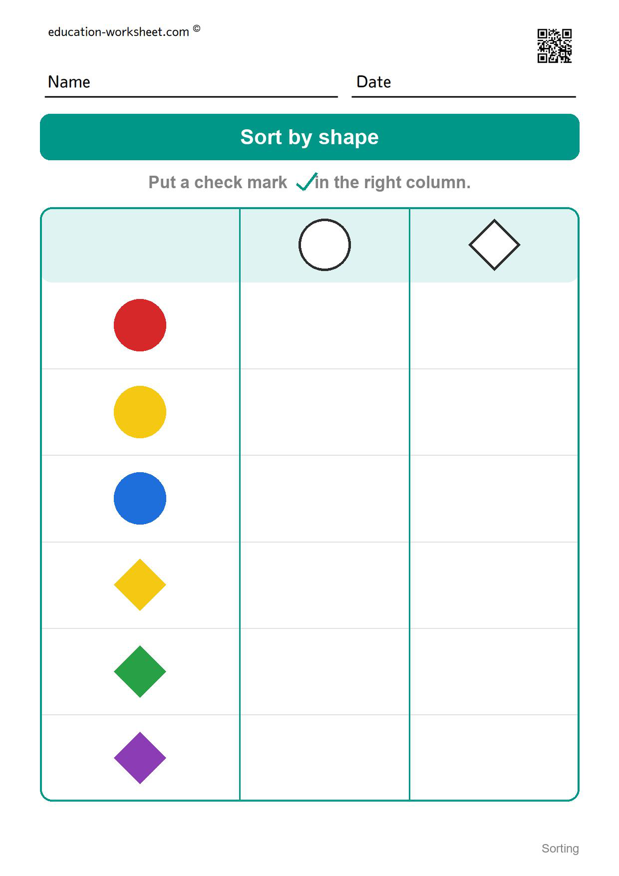 Sort by shape (Set 6) - Free Sorting Worksheets for Kindergarten - Sort by Color and Shape
