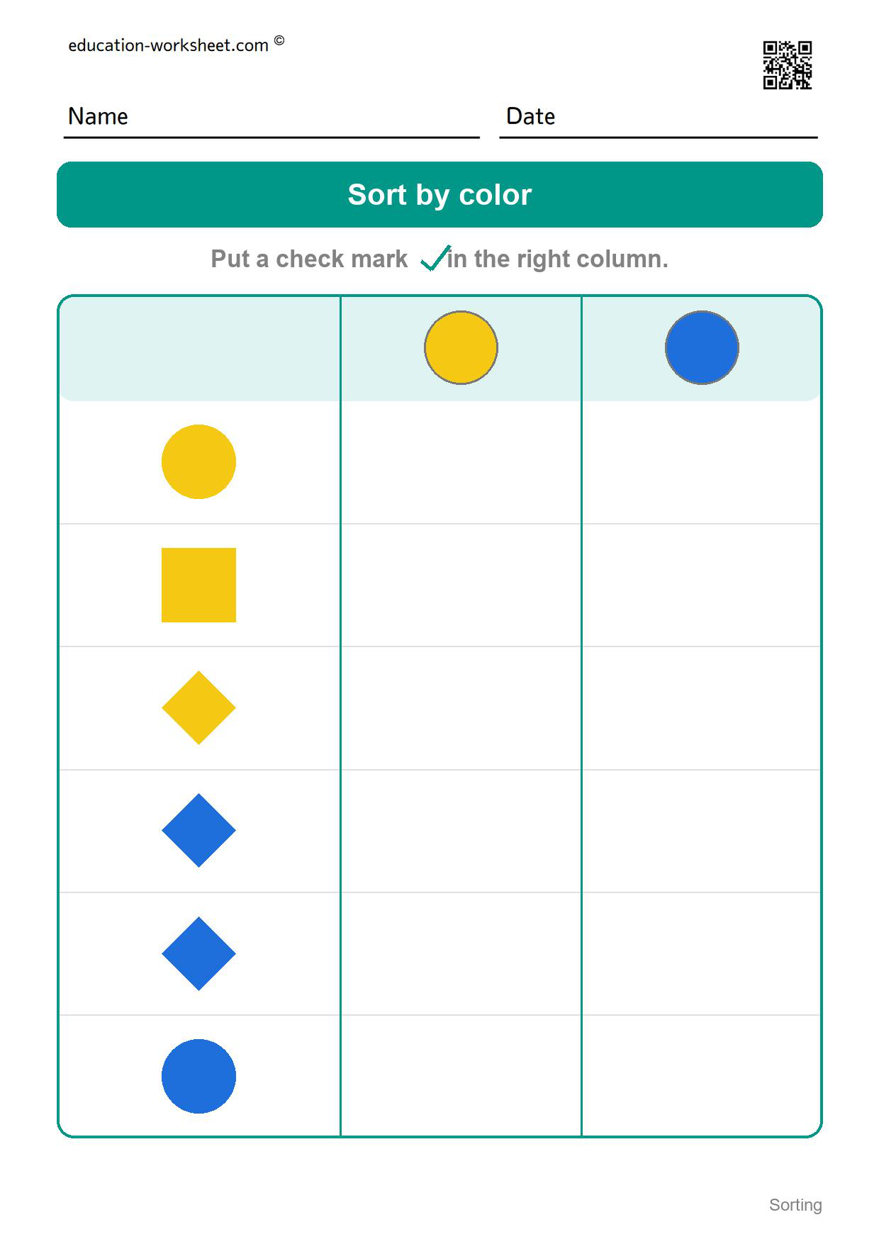 Sort by color (Set 7) - Free Sorting Worksheets for Kindergarten - Sort by Color and Shape