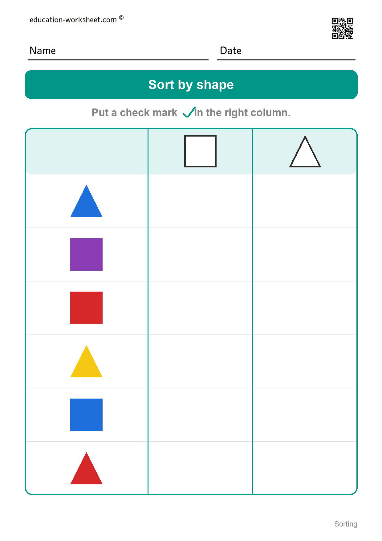 Sort by shape (Set 8) - Free Sorting Worksheets for Kindergarten - Sort by Color and Shape