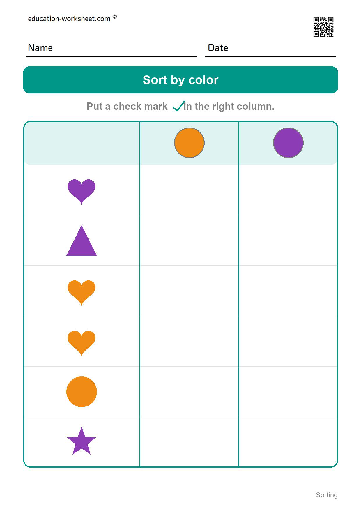Sort by color (Set 9) - Free Sorting Worksheets for Kindergarten - Sort by Color and Shape