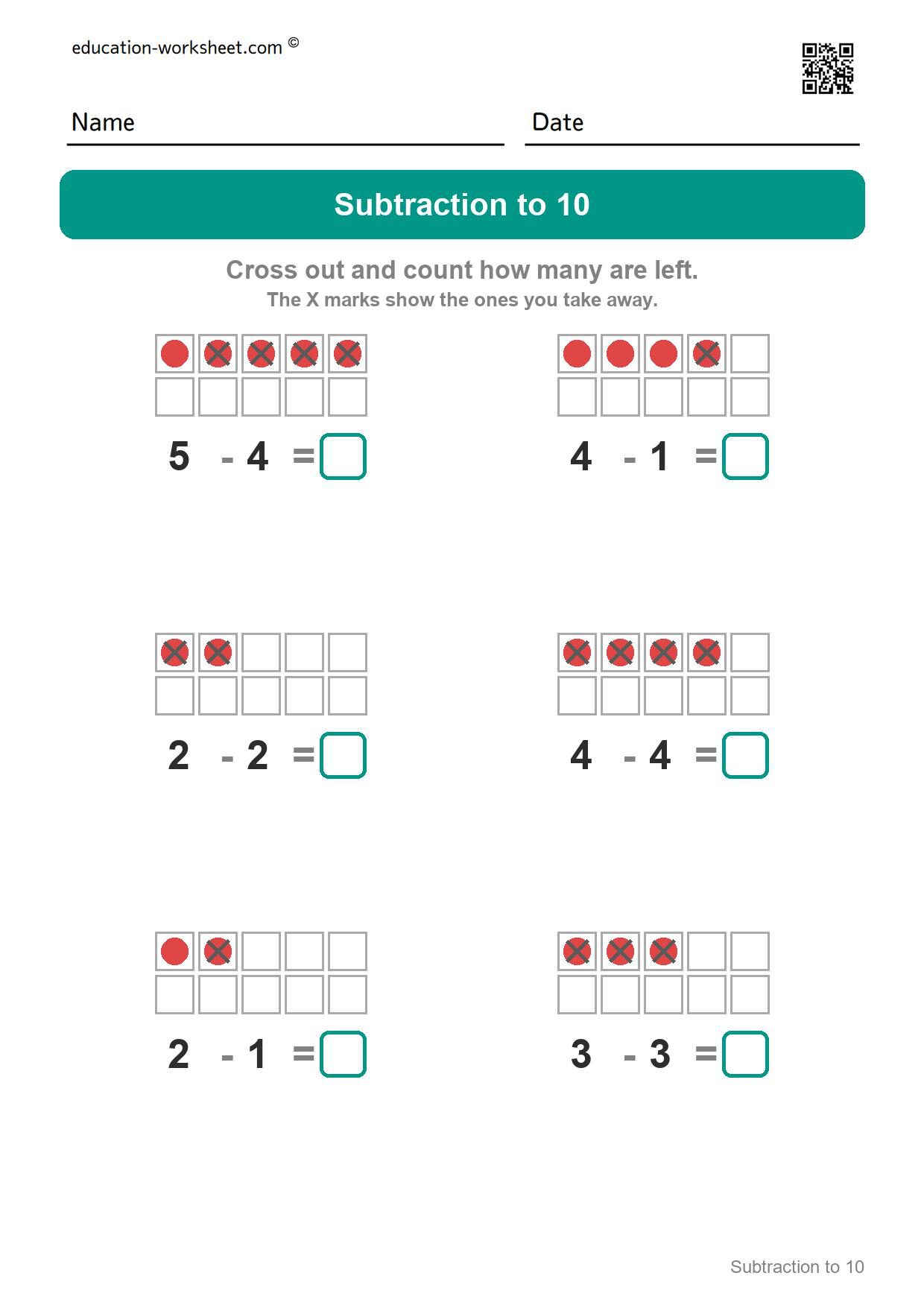 Subtraction to 5 (Set 1) - Free Subtraction Worksheets for Kindergarten - Subtracting within 10 with Ten Frames