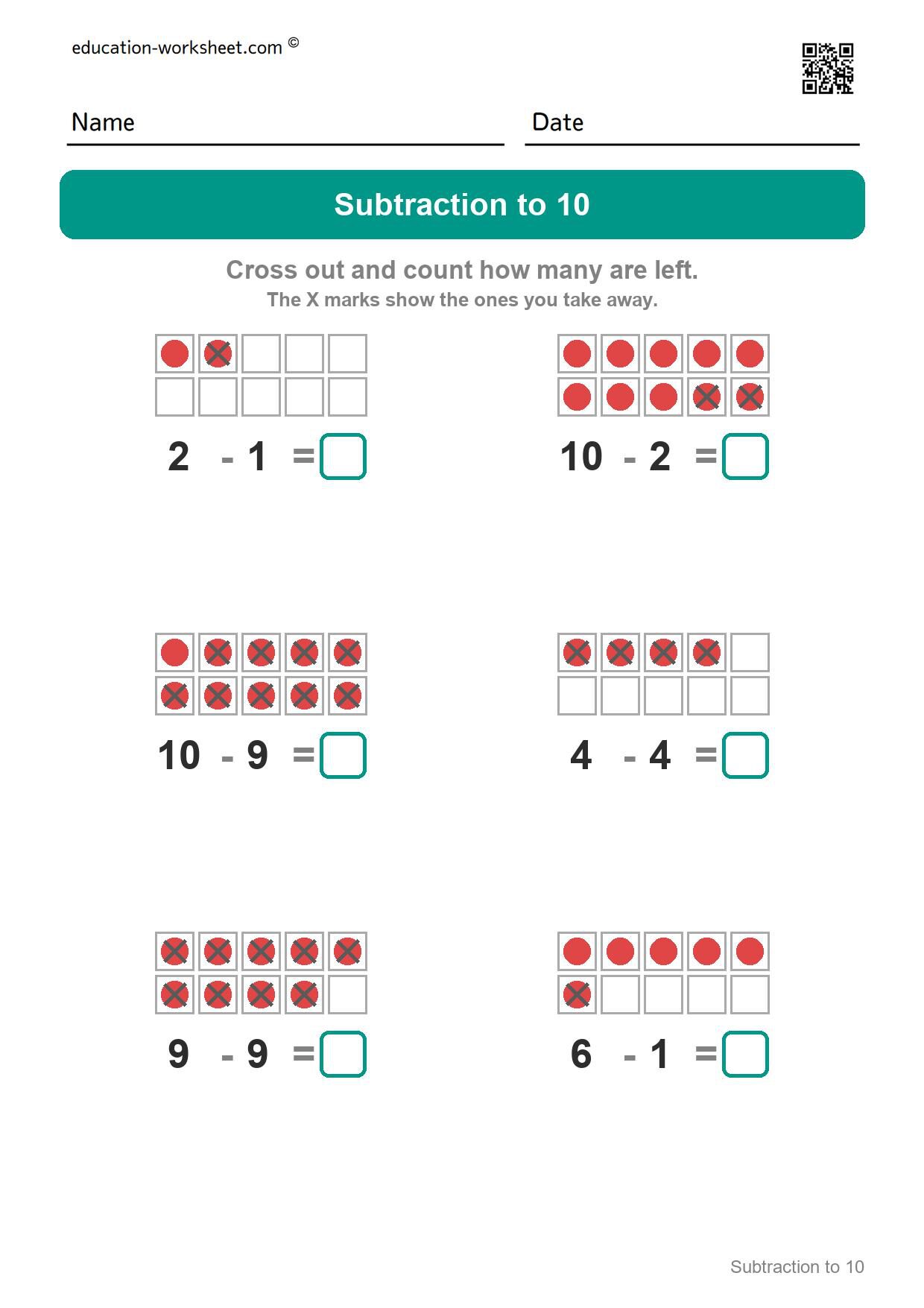 Subtraction to 10 (Set 10) - Free Subtraction Worksheets for Kindergarten - Subtracting within 10 with Ten Frames