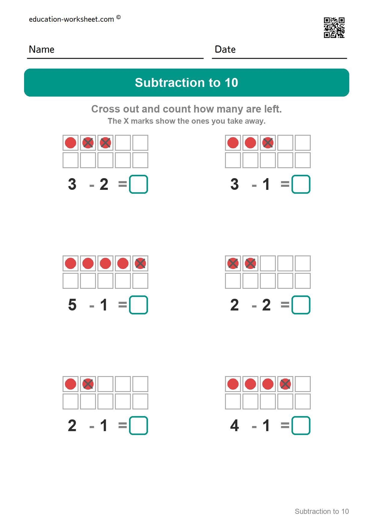 Subtraction to 5 (Set 2) - Free Subtraction Worksheets for Kindergarten - Subtracting within 10 with Ten Frames