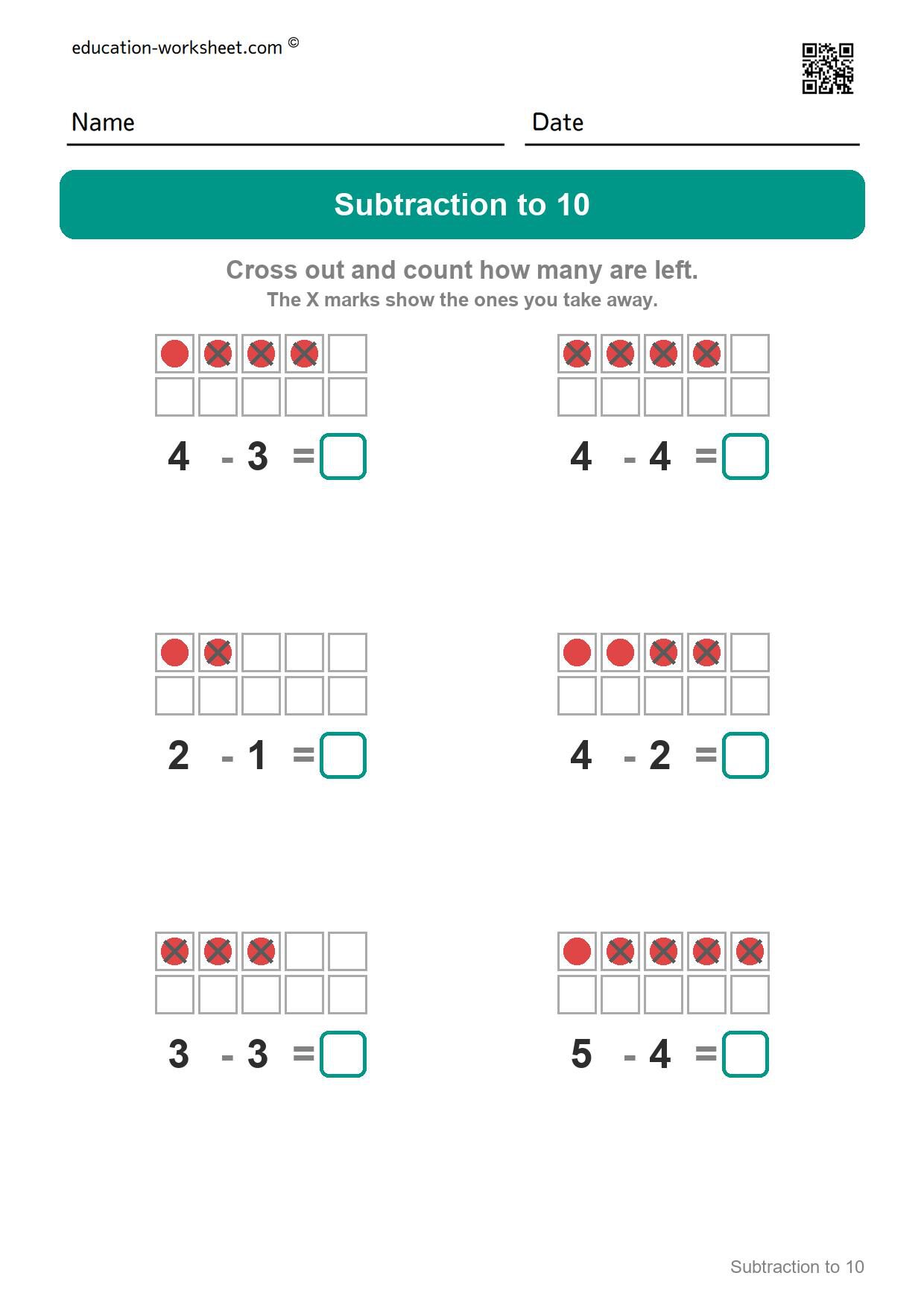 Subtraction to 5 (Set 3) - Free Subtraction Worksheets for Kindergarten - Subtracting within 10 with Ten Frames