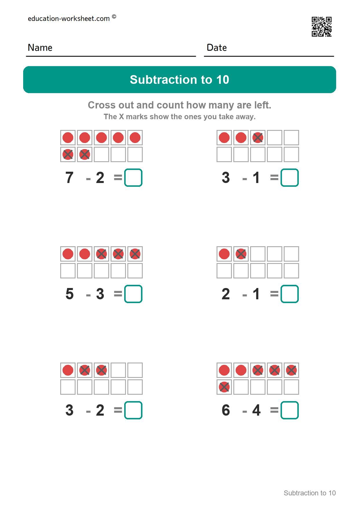 Subtraction to 7 (Set 4) - Free Subtraction Worksheets for Kindergarten - Subtracting within 10 with Ten Frames