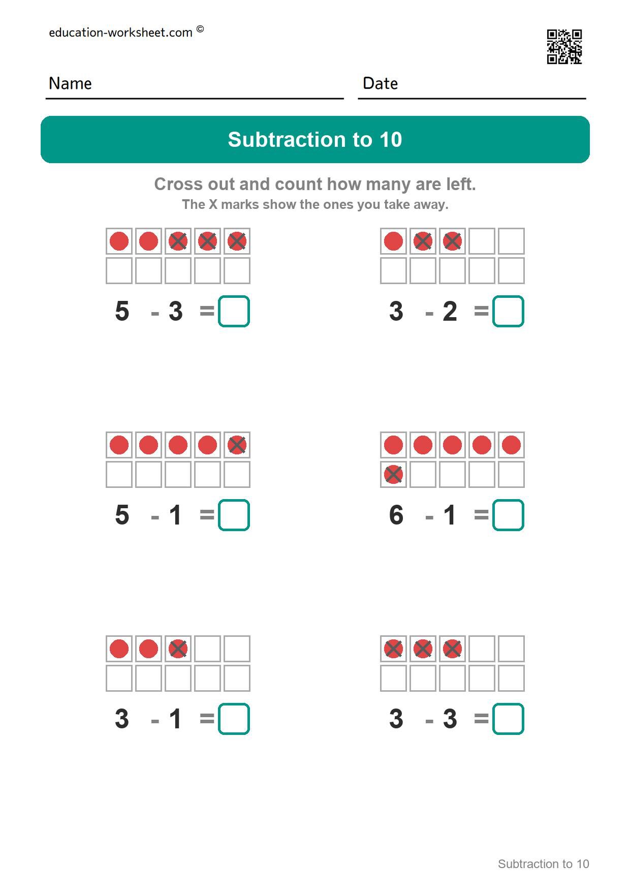 Subtraction to 7 (Set 5) - Free Subtraction Worksheets for Kindergarten - Subtracting within 10 with Ten Frames