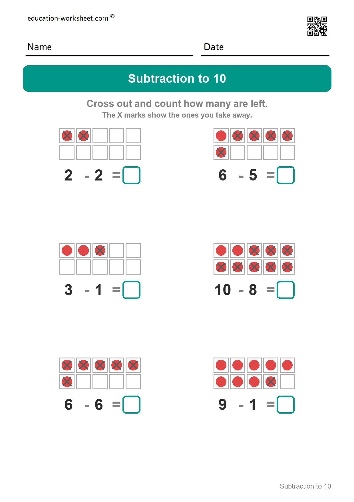 Subtraction to 10 (Set 6) - Free Subtraction Worksheets for Kindergarten - Subtracting within 10 with Ten Frames