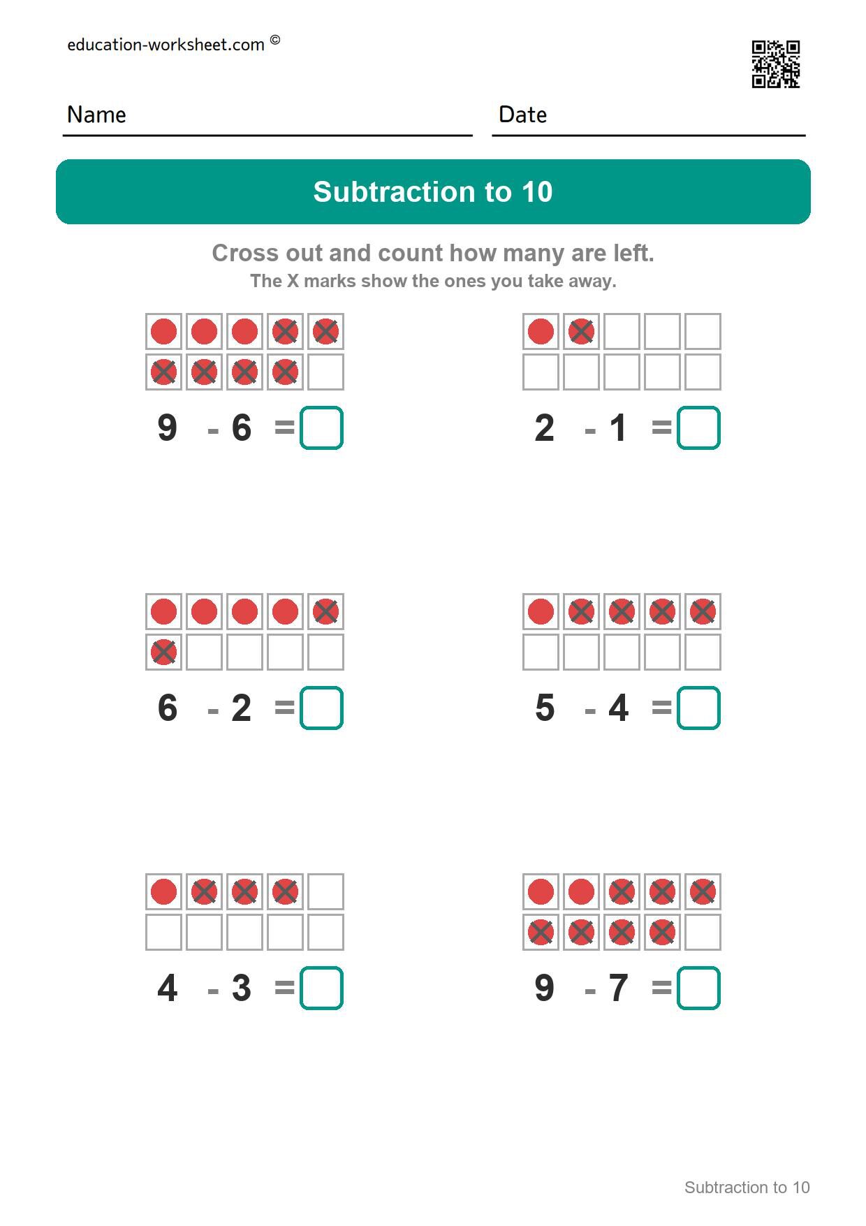 Subtraction to 10 (Set 7) - Free Subtraction Worksheets for Kindergarten - Subtracting within 10 with Ten Frames