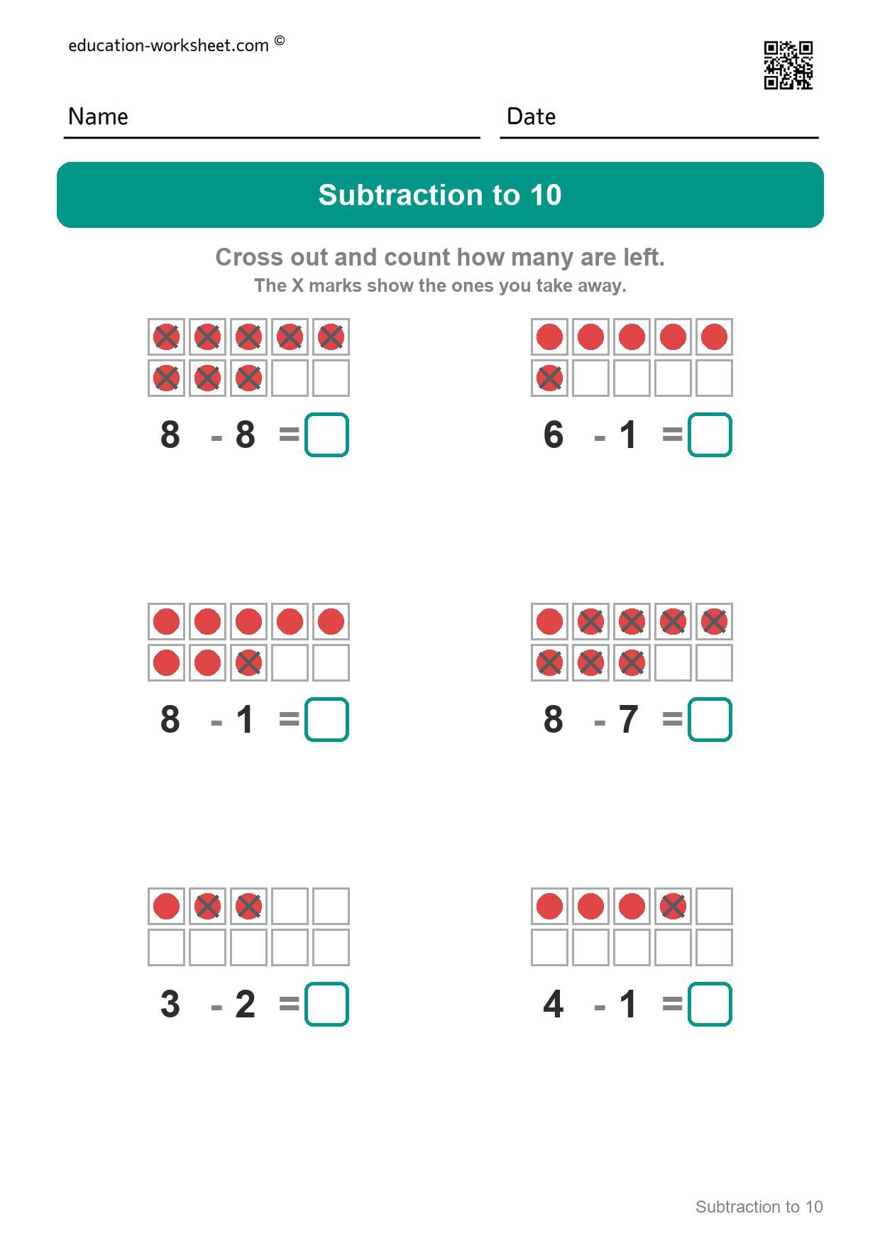 Subtraction to 10 (Set 8) - Free Subtraction Worksheets for Kindergarten - Subtracting within 10 with Ten Frames