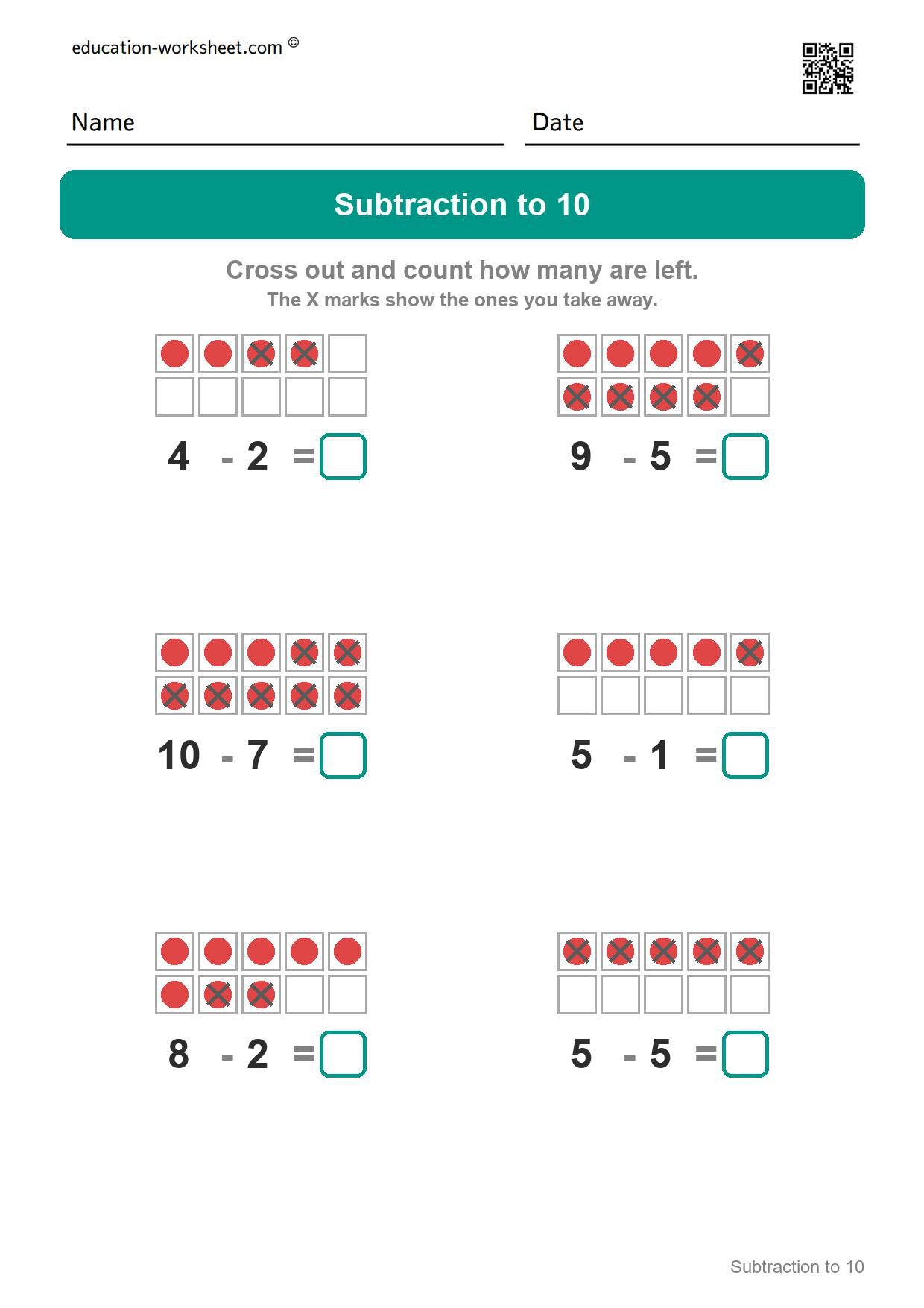 Subtraction to 10 (Set 9) - Free Subtraction Worksheets for Kindergarten - Subtracting within 10 with Ten Frames