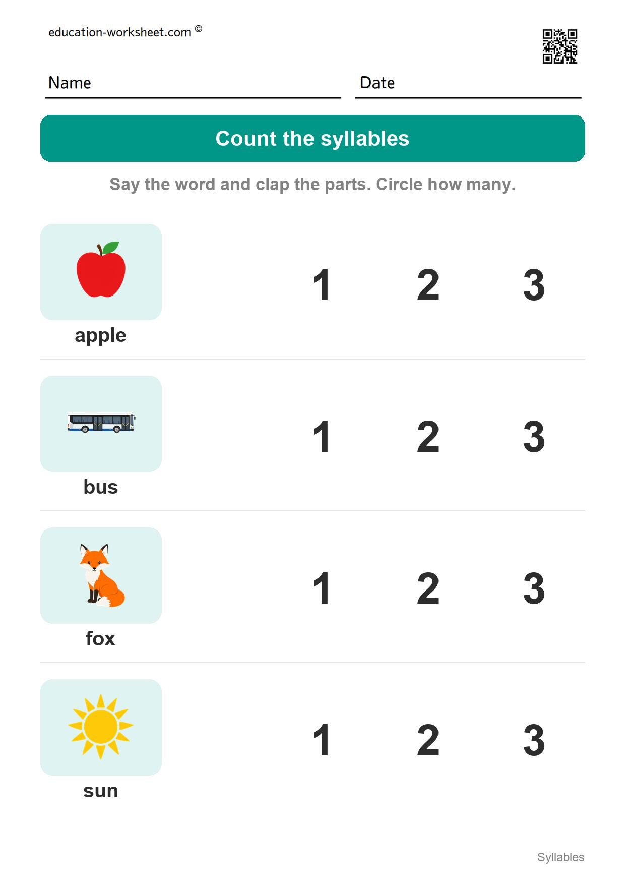 Count the syllables (Set 1) - Free Syllables Worksheets for Kindergarten - Count the Syllables