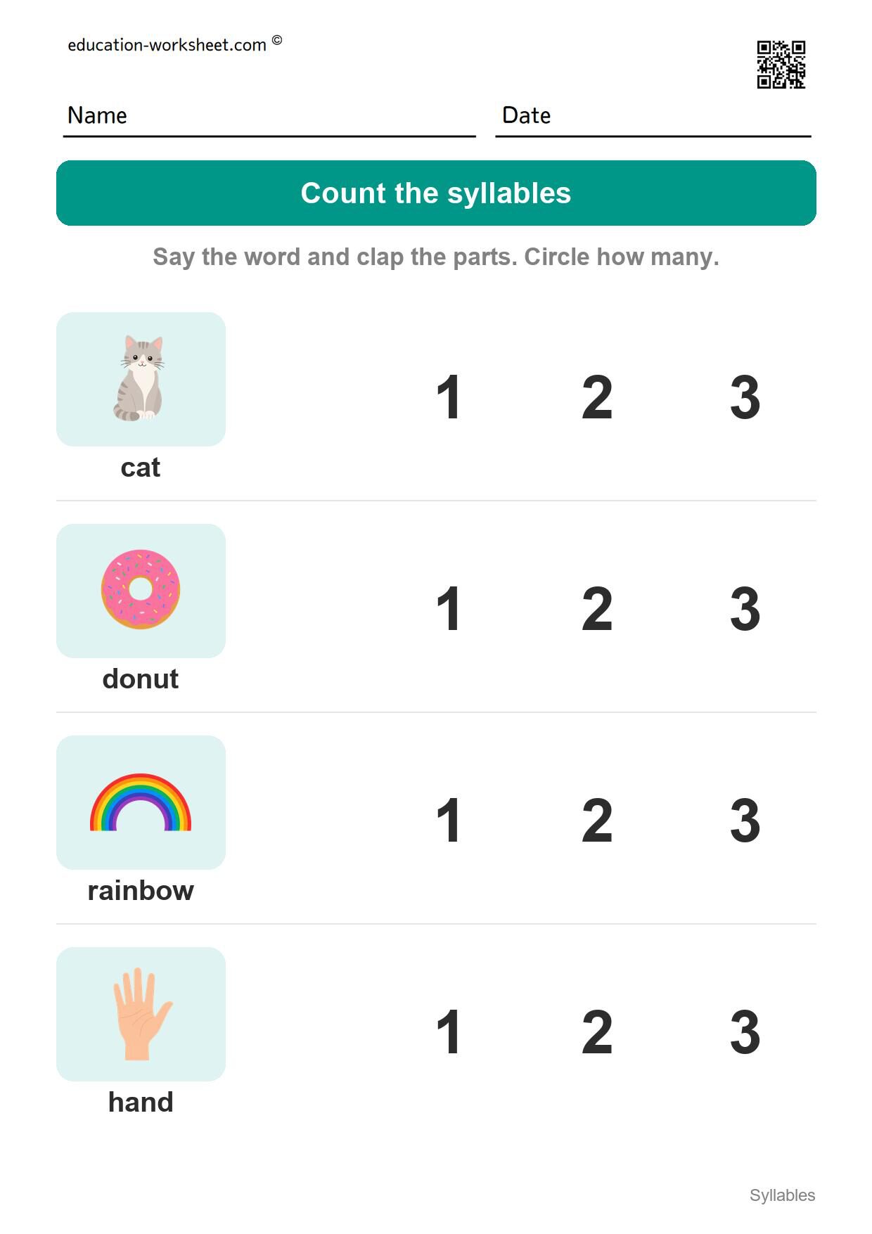 Count the syllables (Set 2) - Free Syllables Worksheets for Kindergarten - Count the Syllables