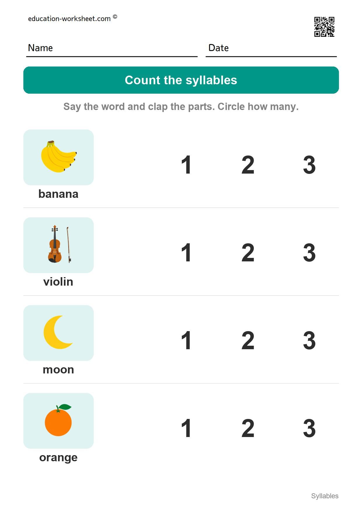 Count the syllables (Set 3) - Free Syllables Worksheets for Kindergarten - Count the Syllables